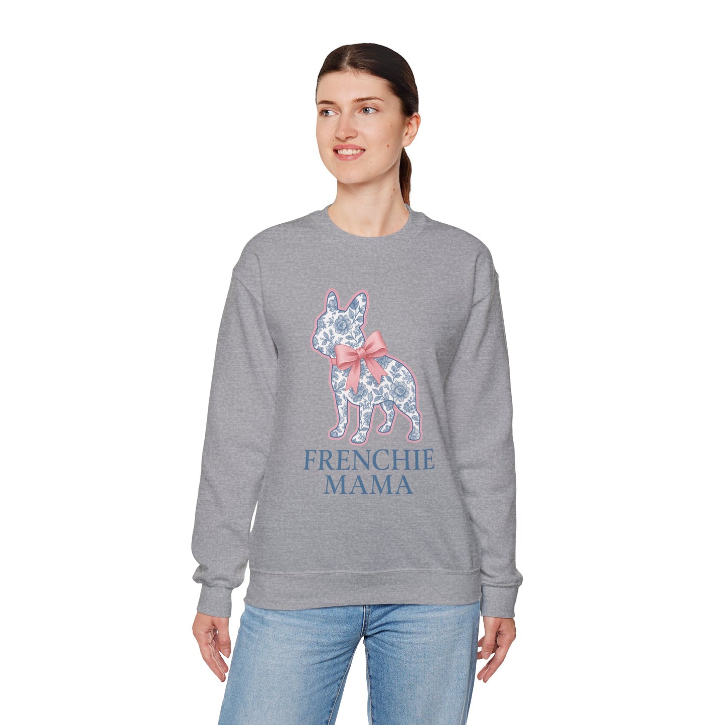 Frenchie Mama Sweatshirt – Blue Floral French Bulldog with Pink Bow, Cute Dog Mom Crewneck, French Bulldog Lover Gift, Cozy Dog Mom Sweater