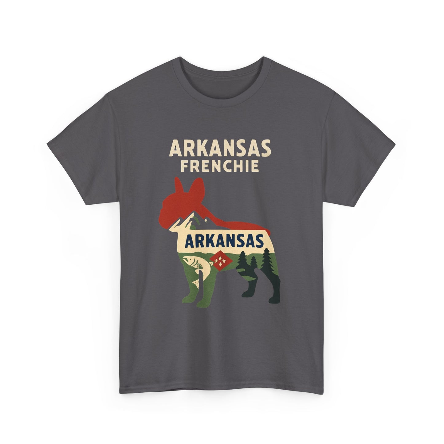 Arkansas Frenchie T-Shirt – French Bulldog State Pride Tee, Retro Arkansas Dog Lover Shirt, Nature Hiking Frenchie Gift