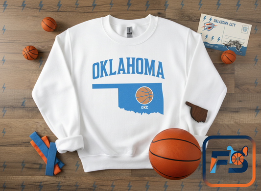 Oklahoma Basketball Sweatshirt | OKC State Outline Pullover | Blue and Orange Game Day Crewneck | Retro Oklahoma Sports Sweater