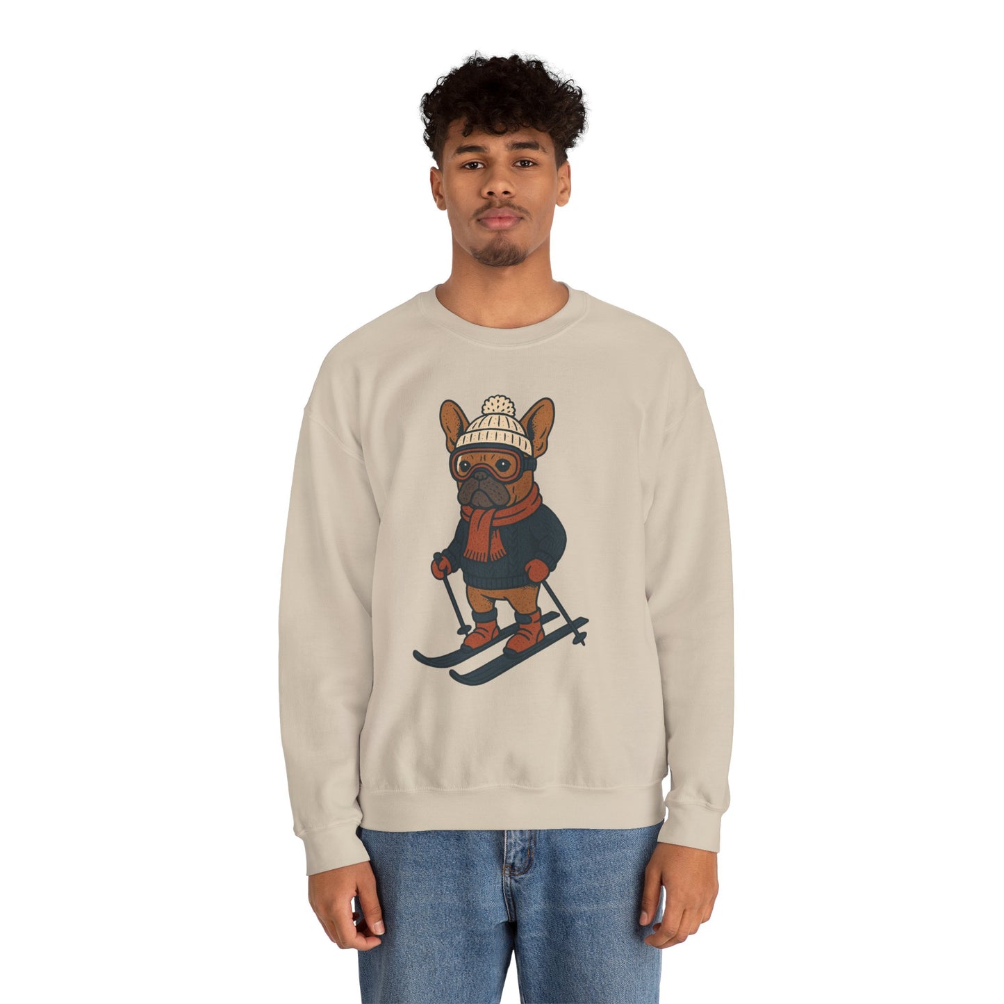 Skiing Frenchie Sweatshirt – Cute Winter French Bulldog Pullover, Cozy Ski Dog Sweater, Funny Dog Lover Gift, Winter Sports Bulldog Crewneck
