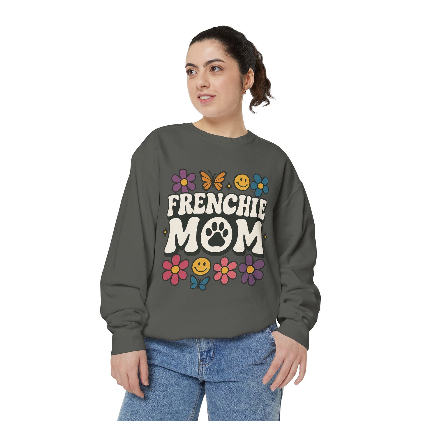 Frenchie Mom Sweatshirt | Retro Groovy Dog Lover Pullover | Smiley Flower French Bulldog Crewneck | Cute Colorful Dog Mom Sweater