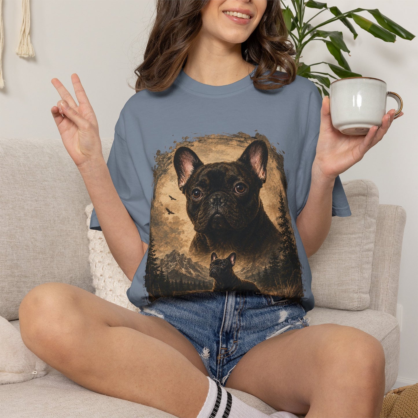 Black French Bulldog Shirt, Vintage Frenchie Nature Tee, Rustic French Bulldog Shirt, Dog Lover Gift, Frenchie Mountain Landscape Tee, Outdoors Dog Shirt, French Bulldog Art
