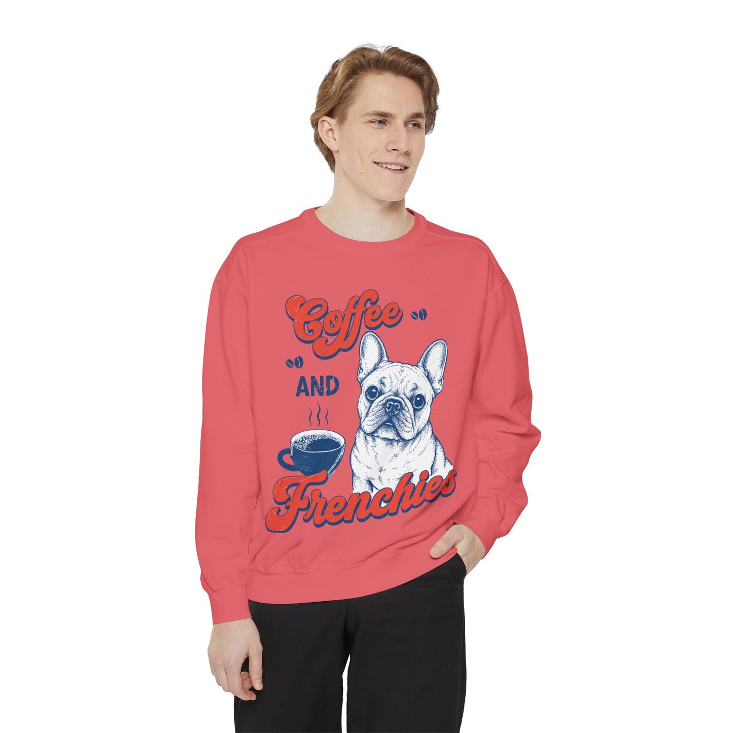 Coffee and Frenchies Sweatshirt, French Bulldog Coffee Crewneck, Frenchie Lover Pullover, Dog Mom Sweatshirt, Coffee Lover Gift, Cozy French Bulldog Sweatshirt