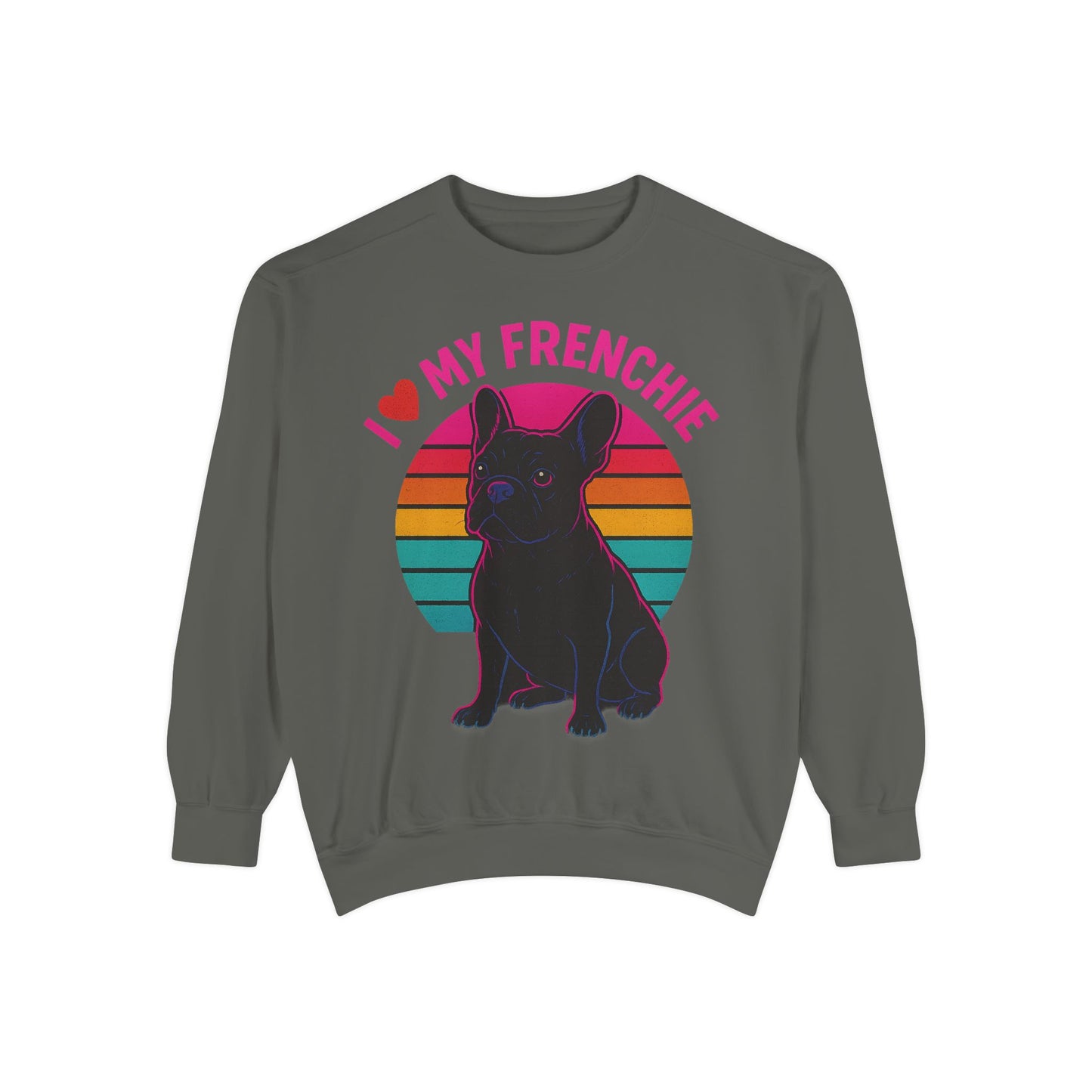 I Love My Frenchie Retro Sunset Pullover | Black French Bulldog Sweatshirt | Vintage Dog Lover Gift | Unisex Frenchie Sweater