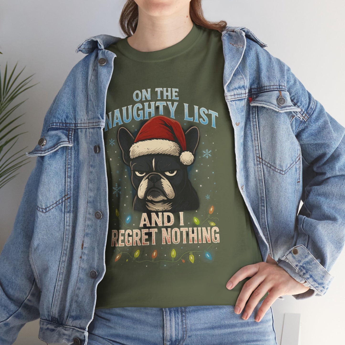 On The Naughty List Frenchie Christmas Shirt | Funny Holiday Dog Lover Tee | Grumpy French Bulldog Xmas Lights T-Shirt | Cute Pet Gift