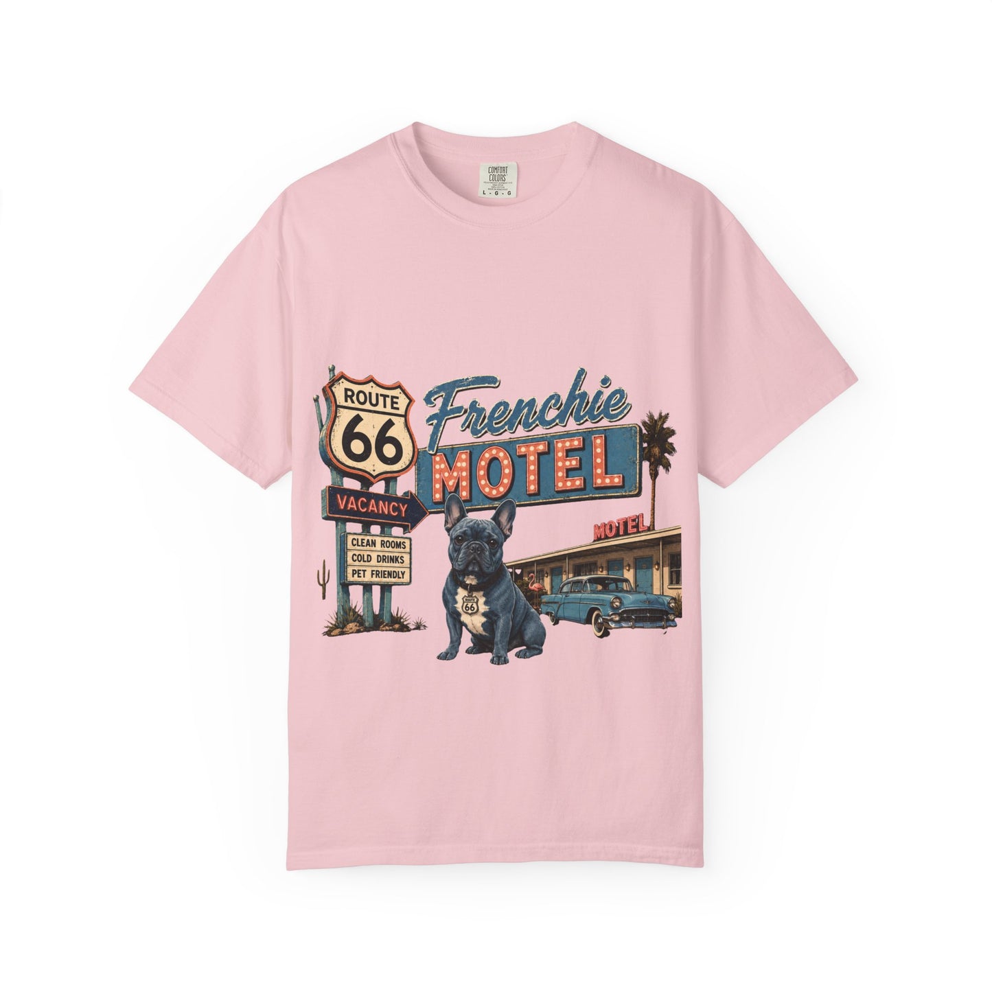Route 66 Frenchie Motel Shirt, French Bulldog Retro Travel Tee, Vintage Road Trip Shirt, Dog Lover Graphic Tee, Route 66 Dog Shirt, Frenchie Motel T-Shirt, Retro Americana Gift