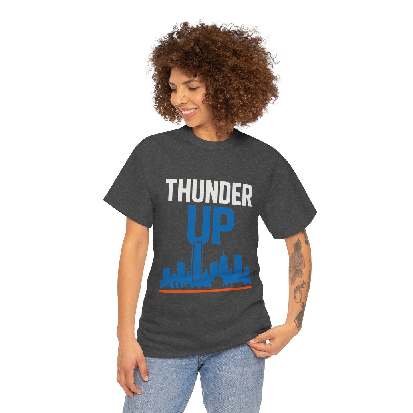 Thunder Up Oklahoma City Skyline Shirt – OKC Basketball Fan Tee, Blue & Orange City Skyline Graphic, Oklahoma Hoops Spirit Wear, Game Day T-Shirt