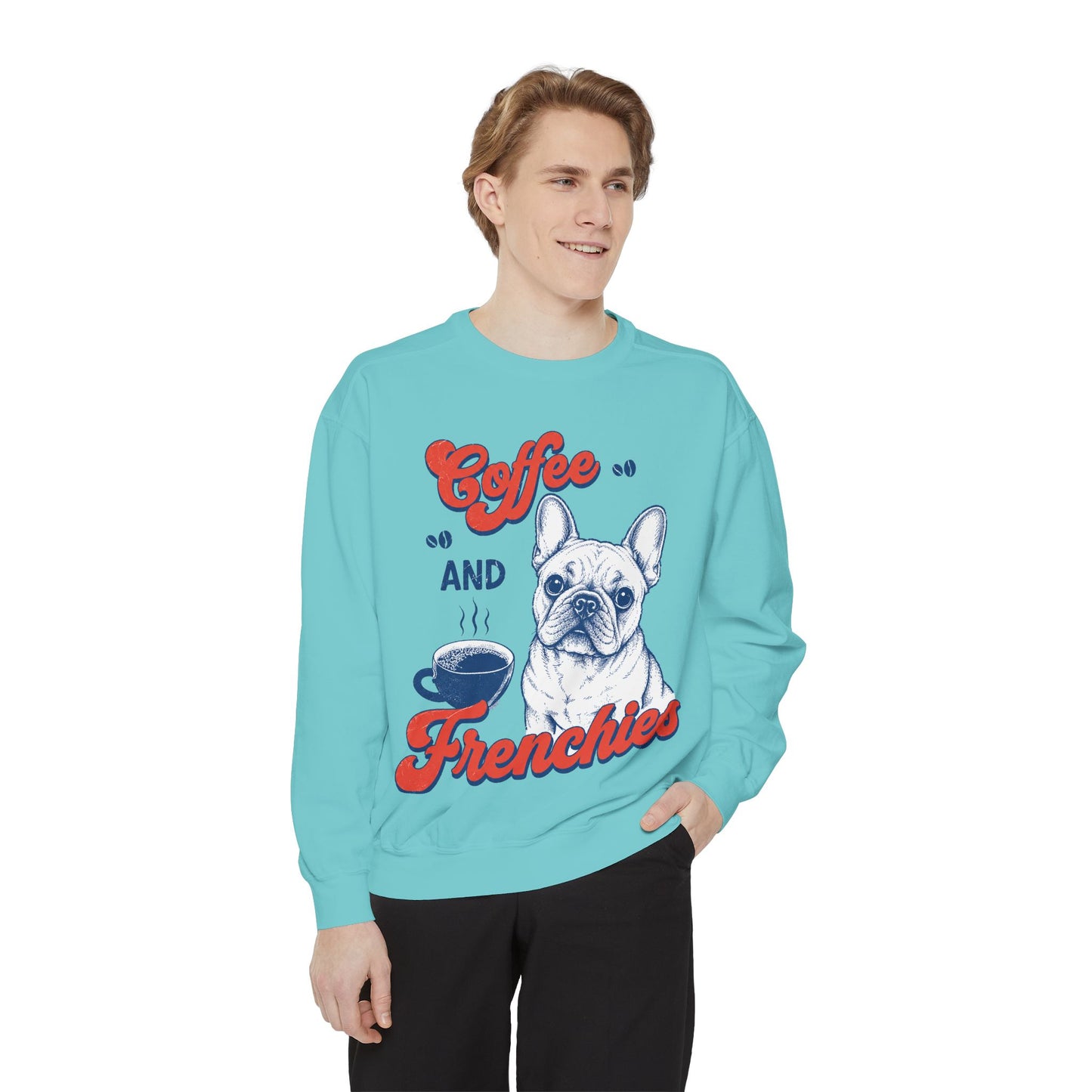 Coffee and Frenchies Sweatshirt, French Bulldog Coffee Crewneck, Frenchie Lover Pullover, Dog Mom Sweatshirt, Coffee Lover Gift, Cozy French Bulldog Sweatshirt