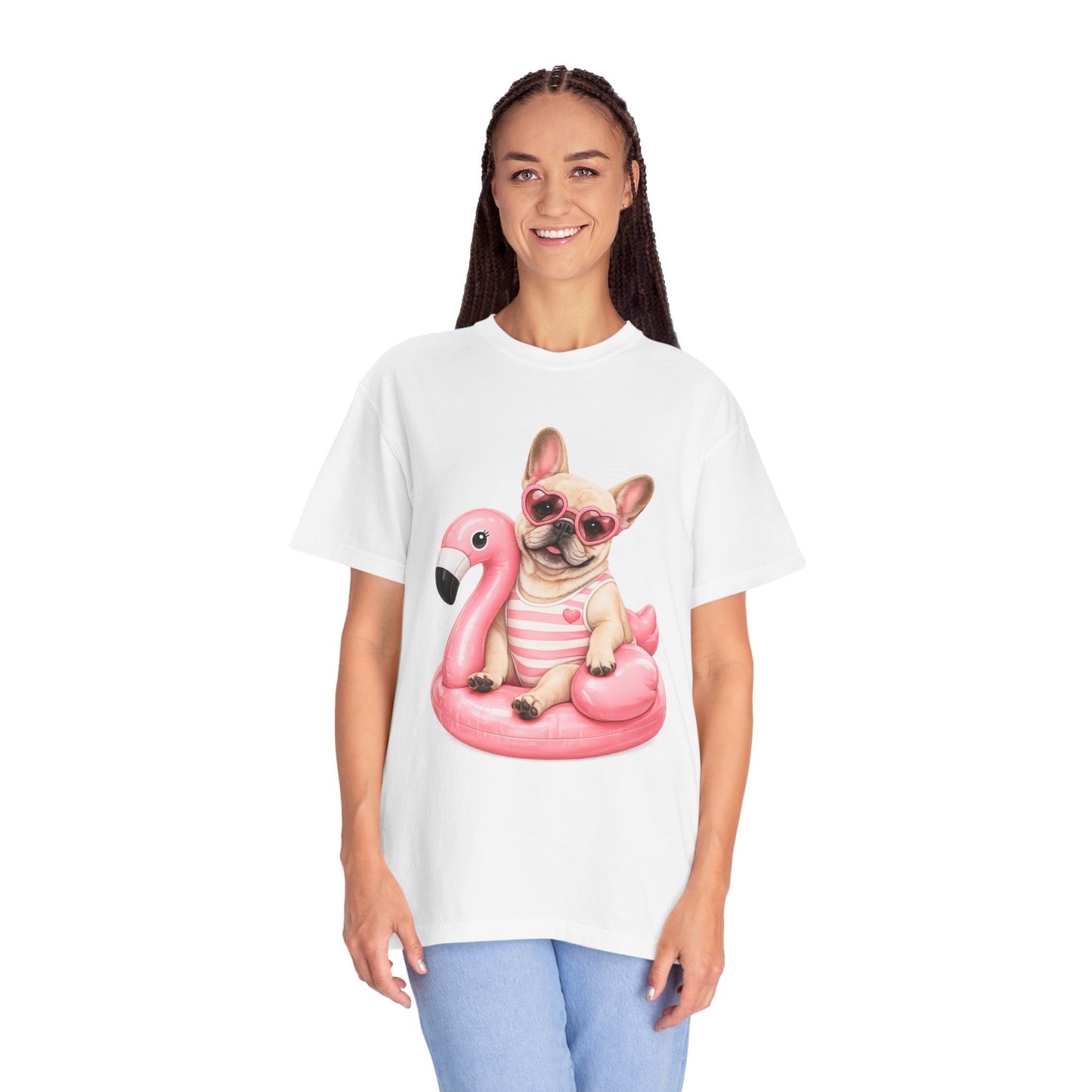 French Bulldog on Pink Flamingo Float T-Shirt — Cute Summer Dog Tee