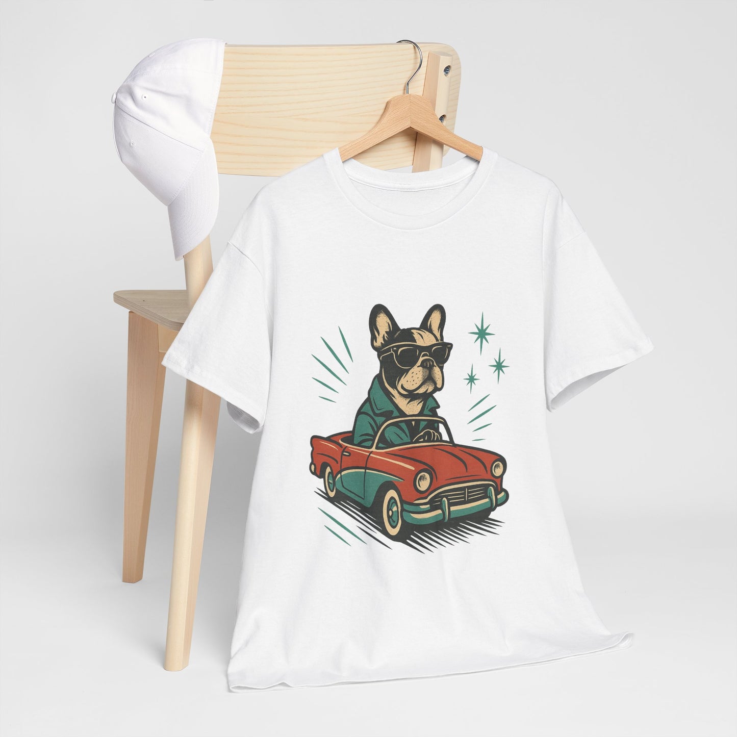 Rockabilly Frenchie T-Shirt | Retro French Bulldog Driving Tee | Vintage Car Dog Lover Shirt | Cool 50s Style Frenchie Graphic Tee