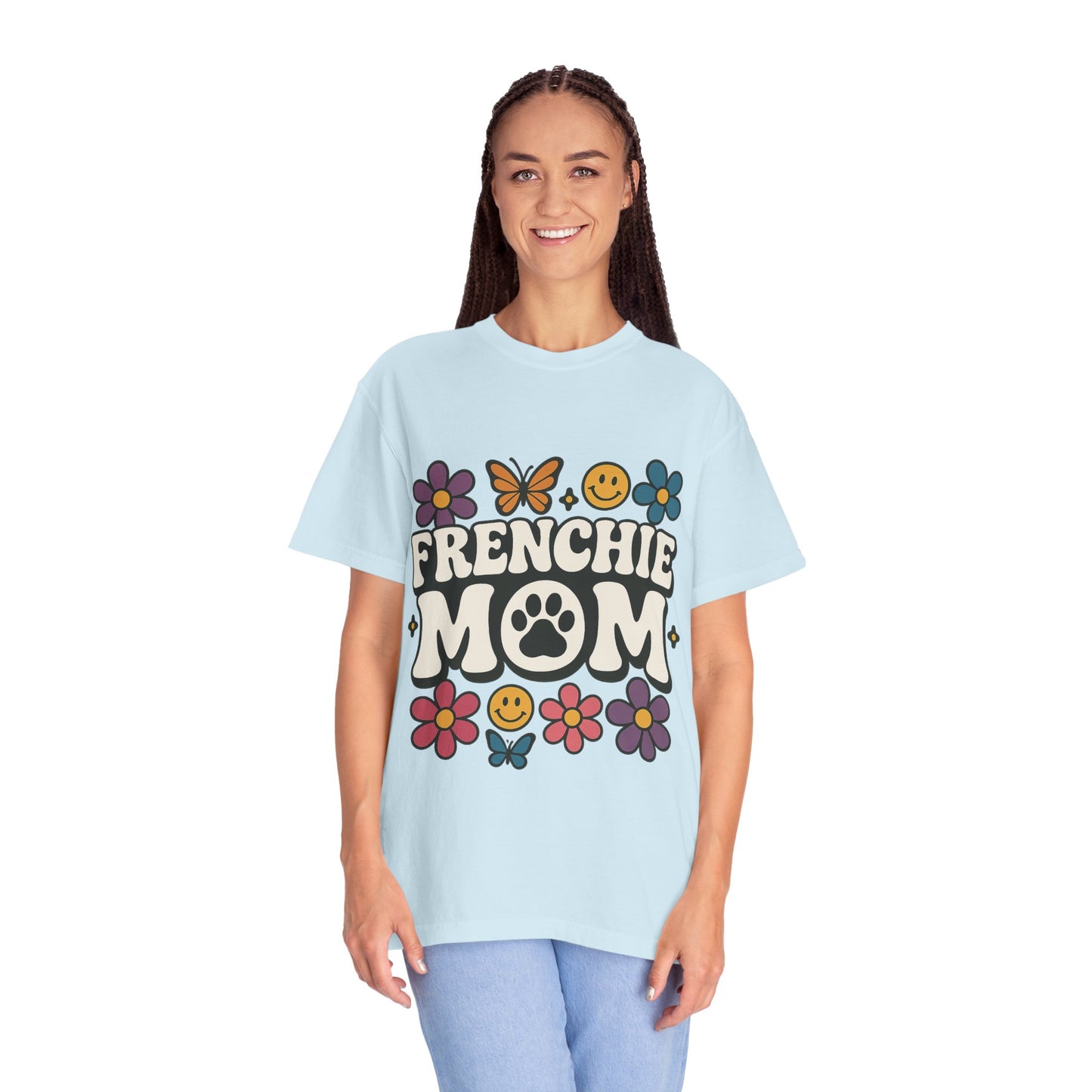 Frenchie Mom T-Shirt | Retro Groovy Dog Lover Tee | Smiley Flower French Bulldog Shirt | Cute Colorful Frenchie Gift for Her