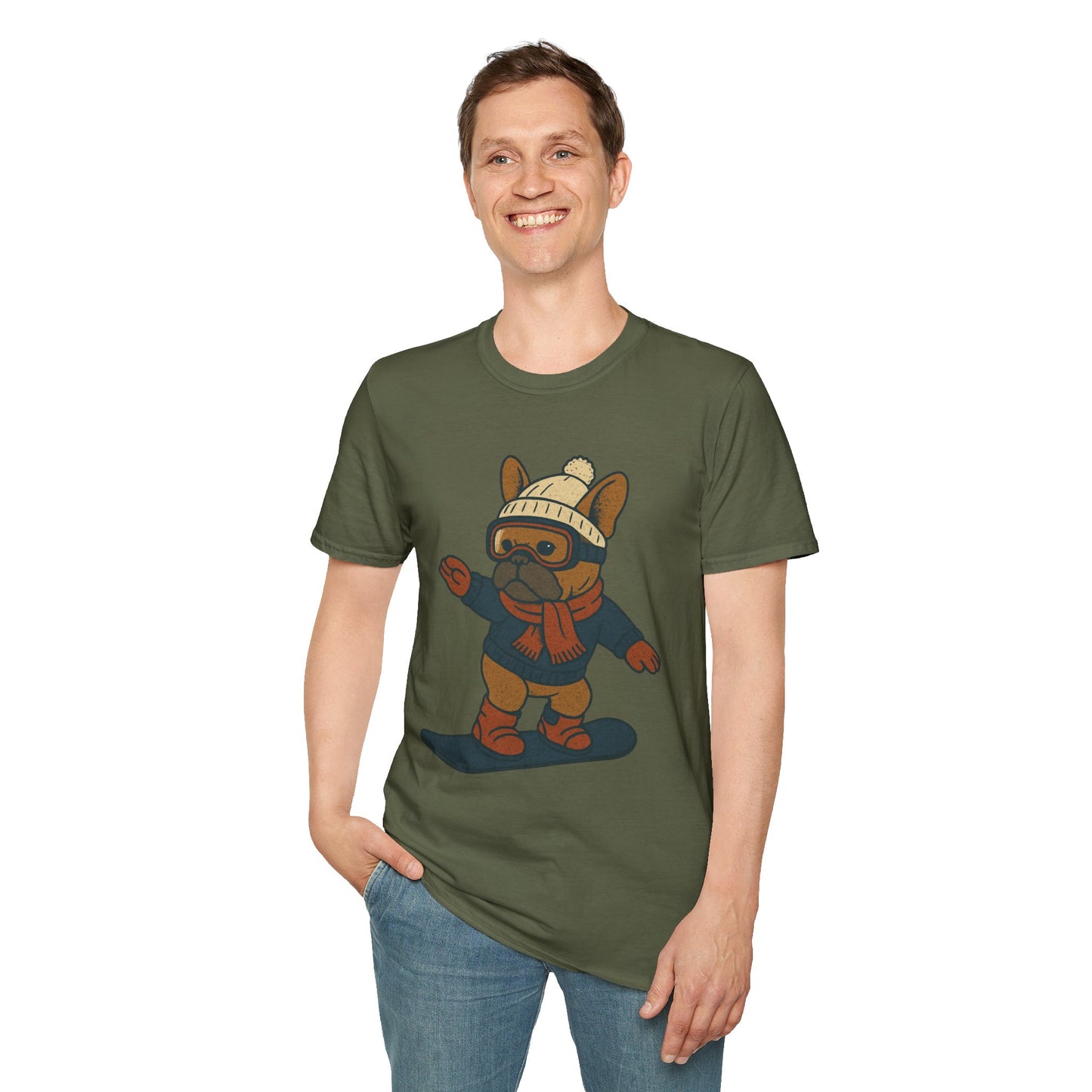 Snowboarding Frenchie T-Shirt | Cute Winter Dog Snowboard Tee | French Bulldog Snowboarder Shirt | Holiday Ski Resort Pup Graphic | Dog Lover Snow Sport Gift