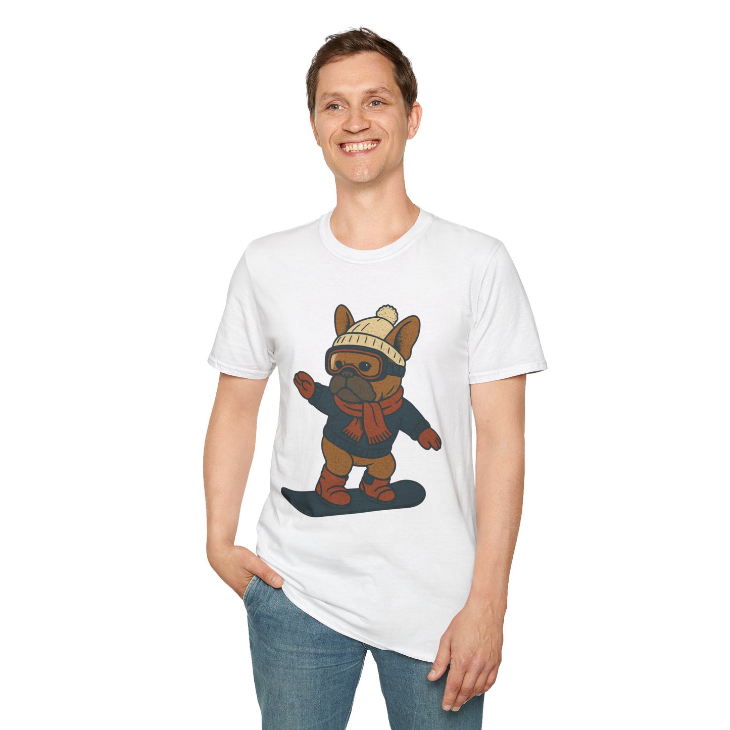 Snowboarding Frenchie T-Shirt | Cute Winter Dog Snowboard Tee | French Bulldog Snowboarder Shirt | Holiday Ski Resort Pup Graphic | Dog Lover Snow Sport Gift