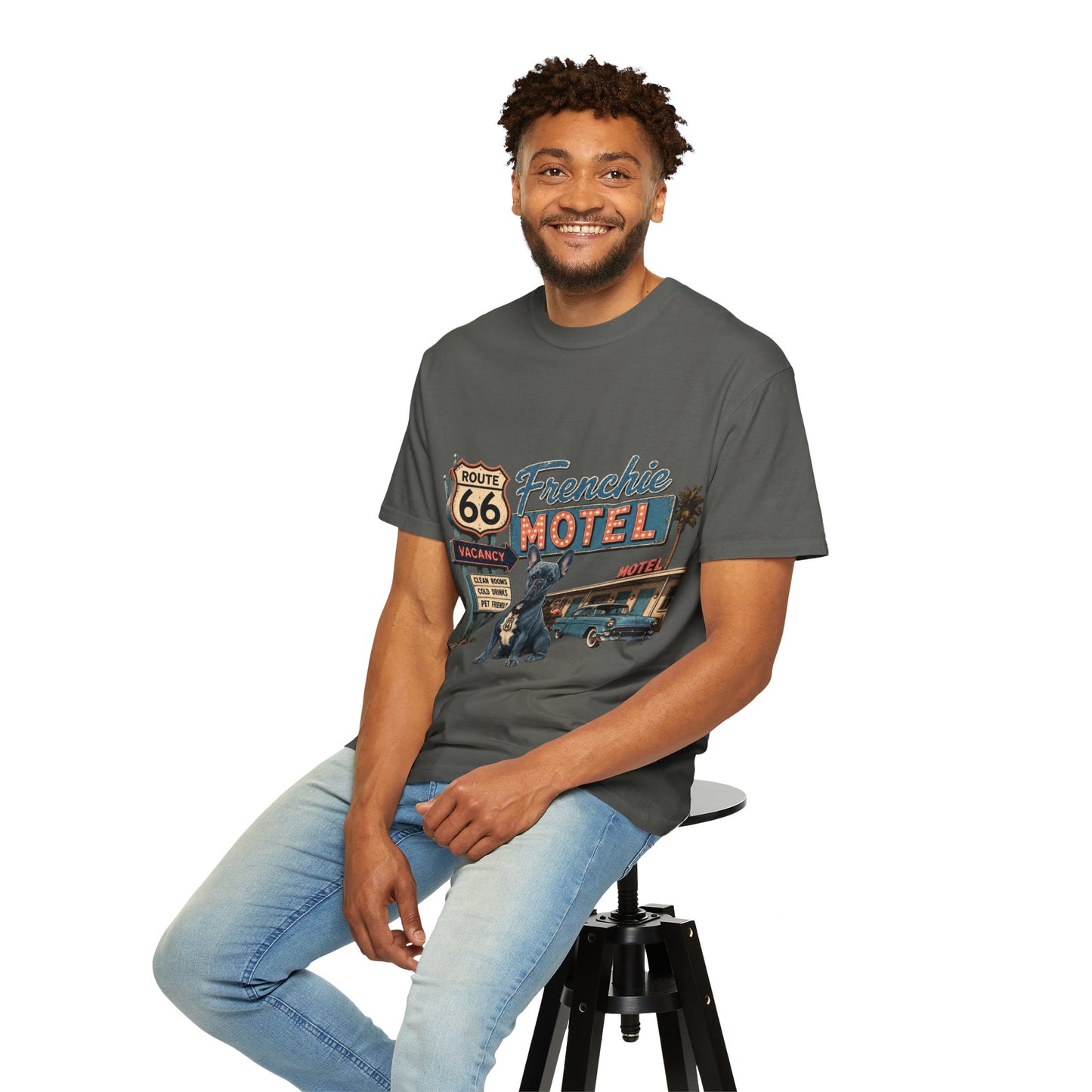 Route 66 Frenchie Motel Shirt, French Bulldog Retro Travel Tee, Vintage Road Trip Shirt, Dog Lover Graphic Tee, Route 66 Dog Shirt, Frenchie Motel T-Shirt, Retro Americana Gift