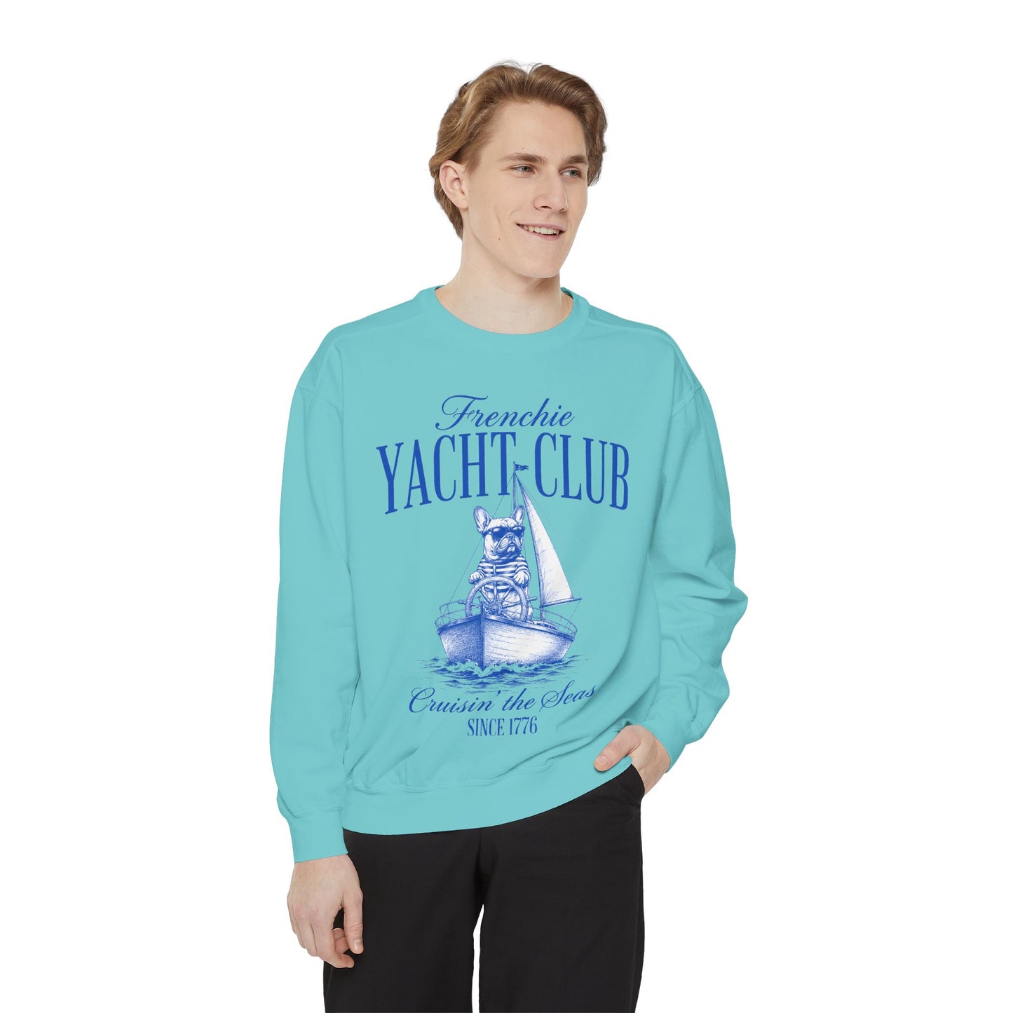 Frenchie Yacht Club Sweatshirt, French Bulldog Nautical Crewneck, Coastal Dog Lover Sweatshirt, Sailing Frenchie Pullover, Beach Club French Bulldog Gift, Preppy Yacht Club Sweatshirt