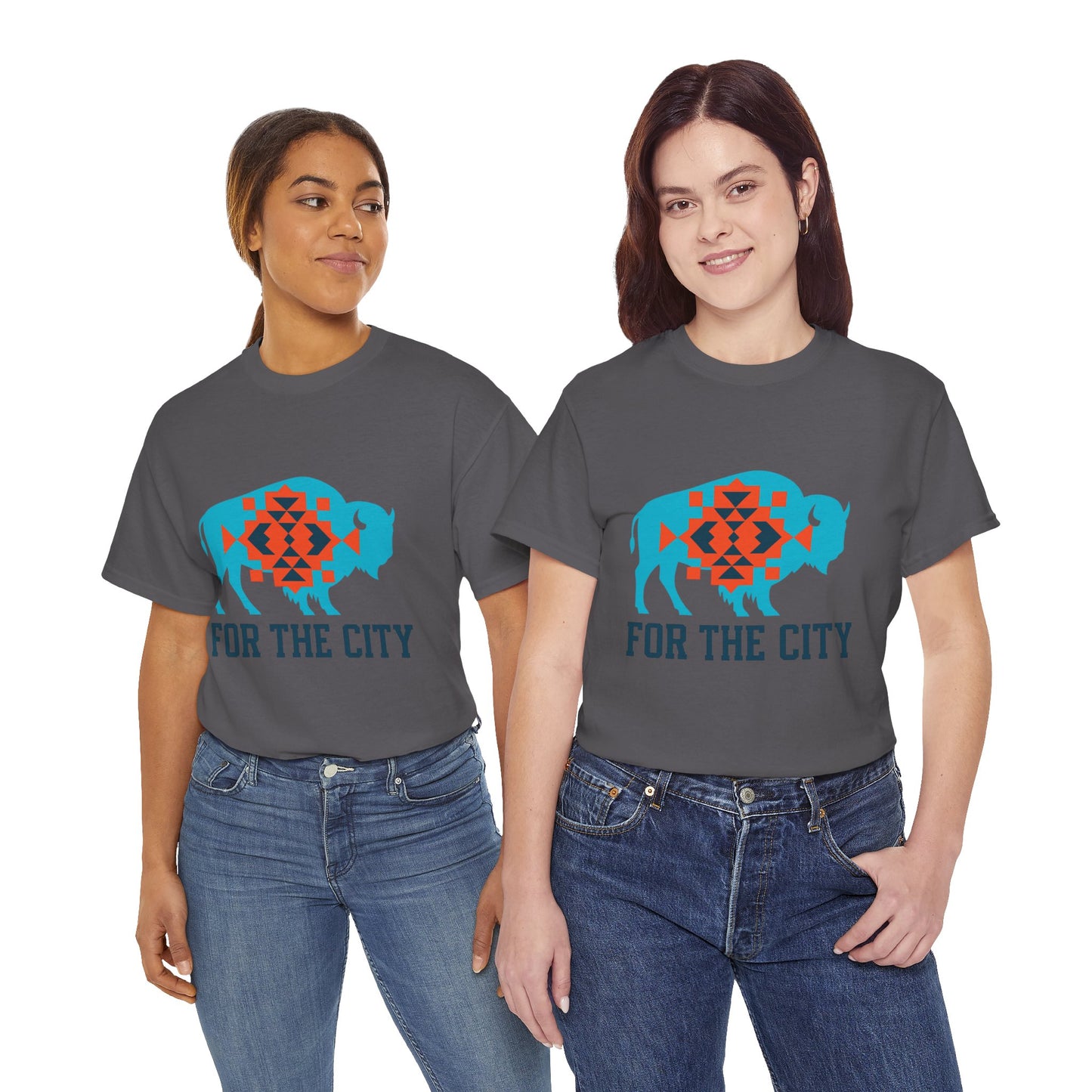 For The City Tribal Bison T-Shirt | Oklahoma Pride Tee | Blue & Orange Southwestern Bison Graphic | OKC Fan Inspired Shirt | Local Oklahoma Gift