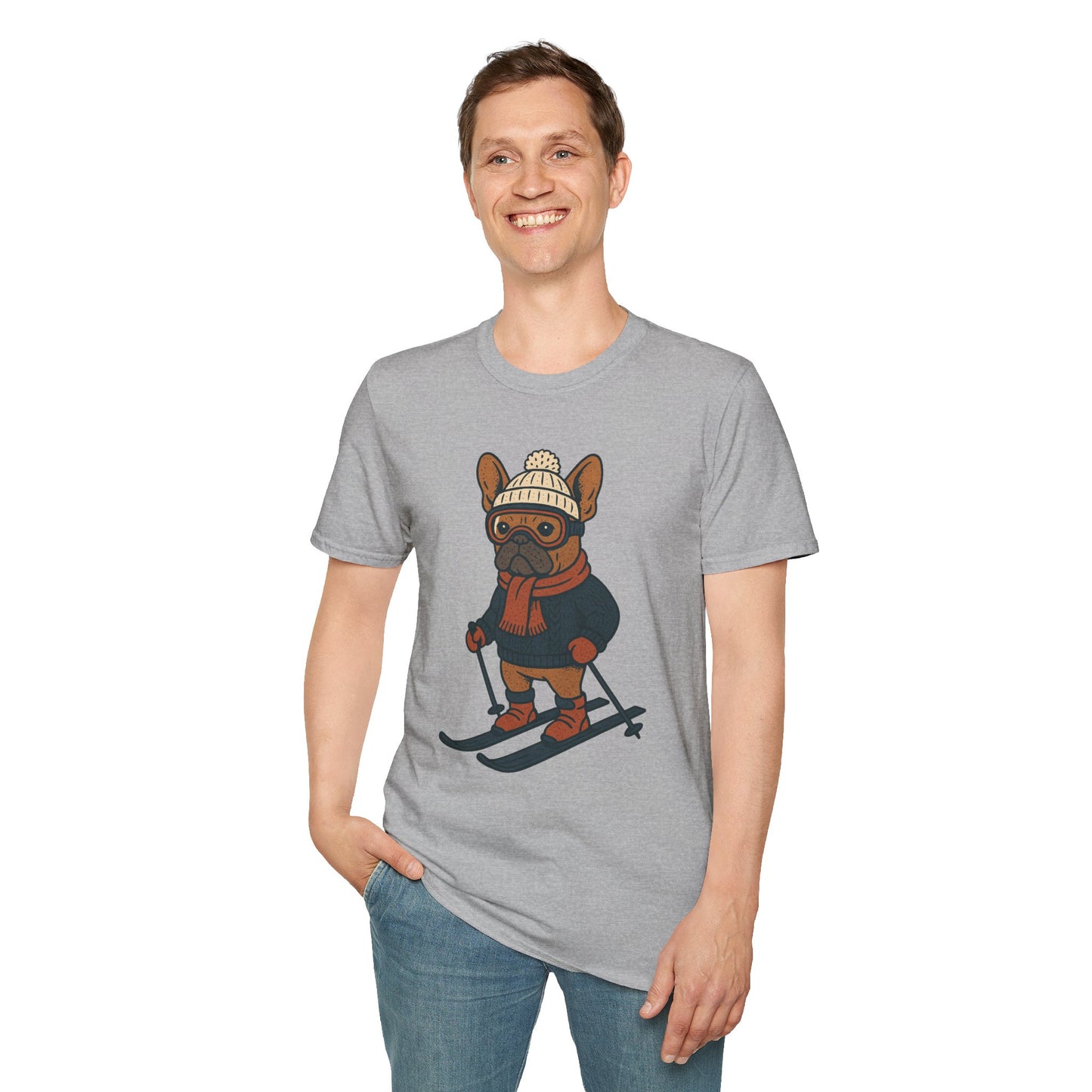 French Bulldog Skiing T-Shirt, Winter Frenchie Shirt, Ski Dog Graphic Tee, Cute Snow Dog Gift, Funny Frenchie Lover Shirt, Skiing Pup Tee