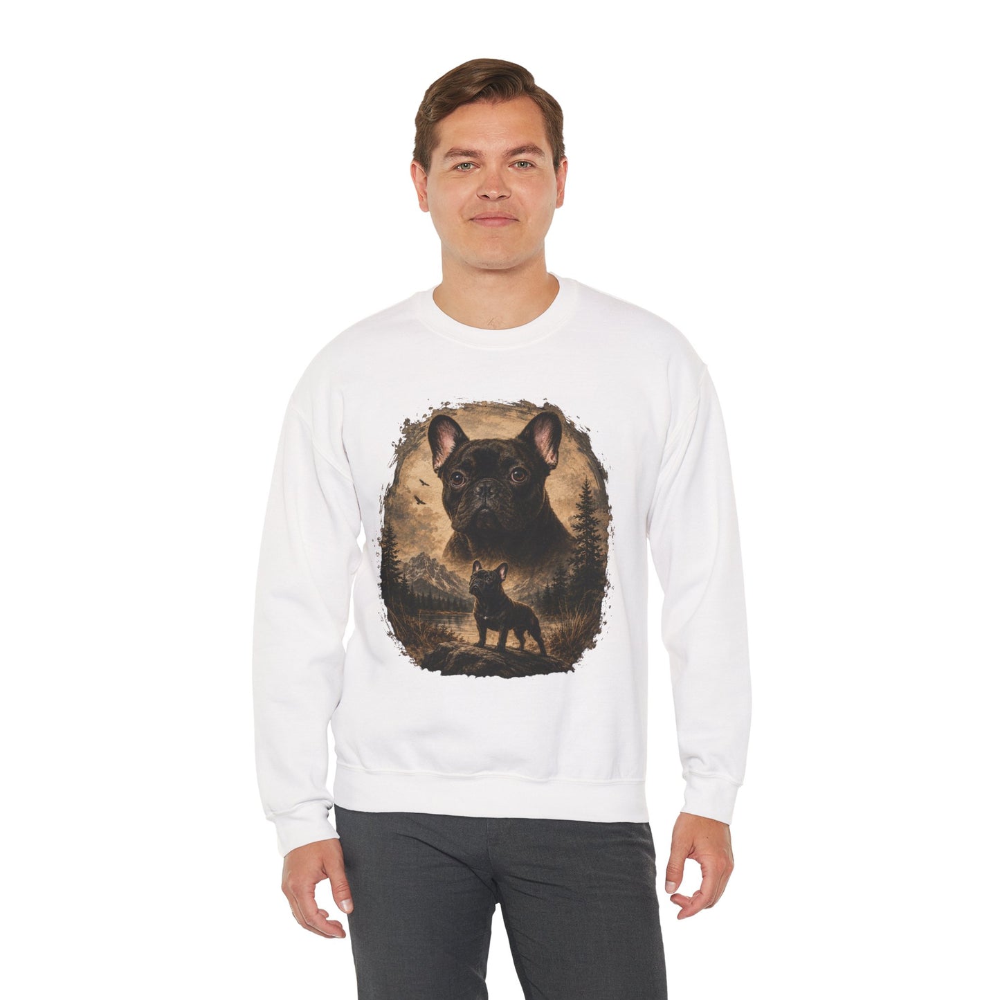 Black French Bulldog Sweatshirt, Rustic Frenchie Crewneck, Vintage Nature French Bulldog Sweatshirt, Dog Lover Gift, Black Frenchie Pullover, Camping Sweatshirt, Cozy Dog Apparel