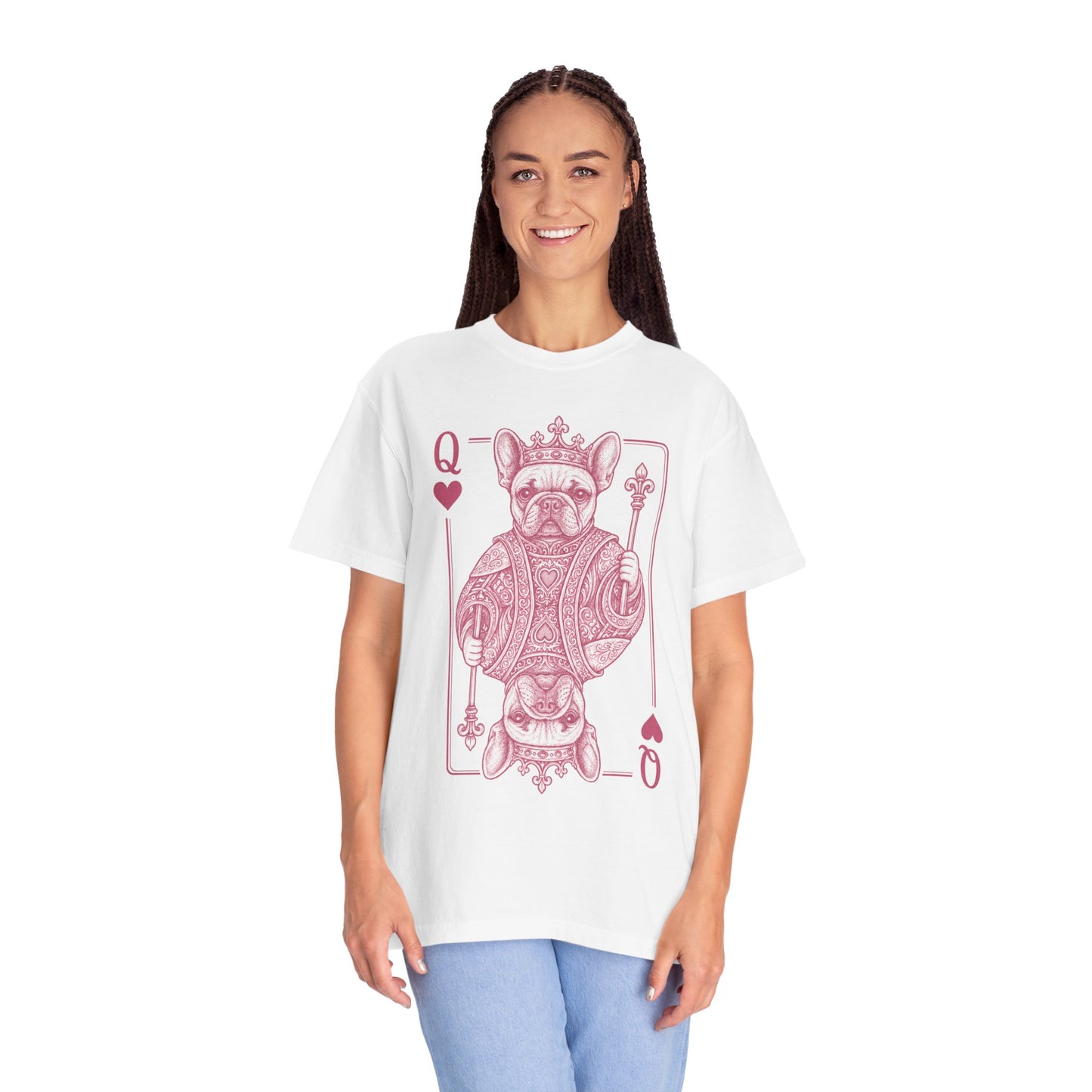 Queen of Hearts French Bulldog Shirt, Frenchie Queen Playing Card Tee, Dog Mom Gift, Cute French Bulldog Graphic Shirt, Royal Frenchie T-Shirt