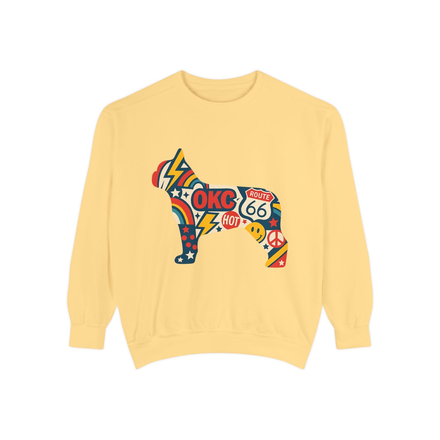 OKC Frenchie Route 66 Sweatshirt | Retro Oklahoma Pullover | Blue Orange Dog Lover Crewneck