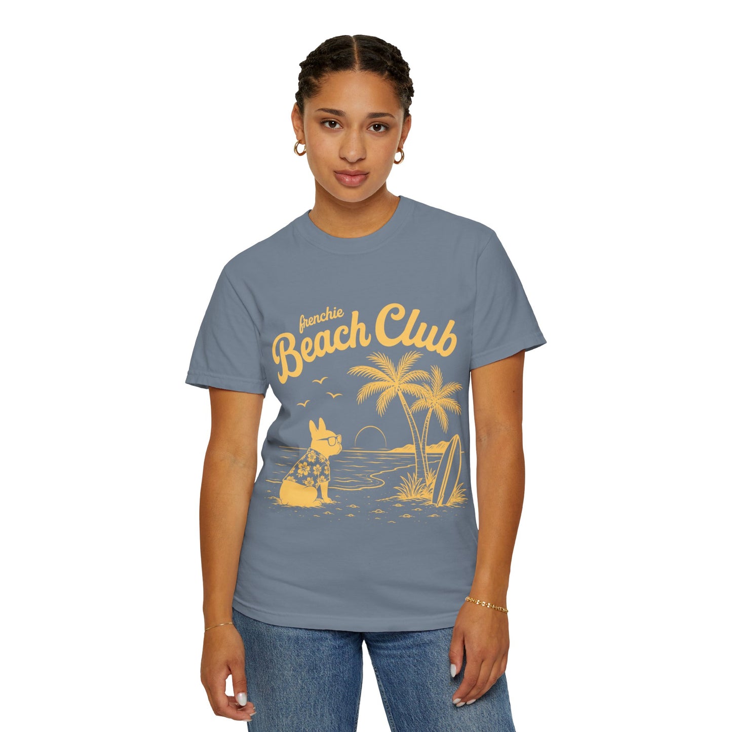 Frenchie Beach Club T-Shirt — Cute French Bulldog Surfing Palm Beach Tee