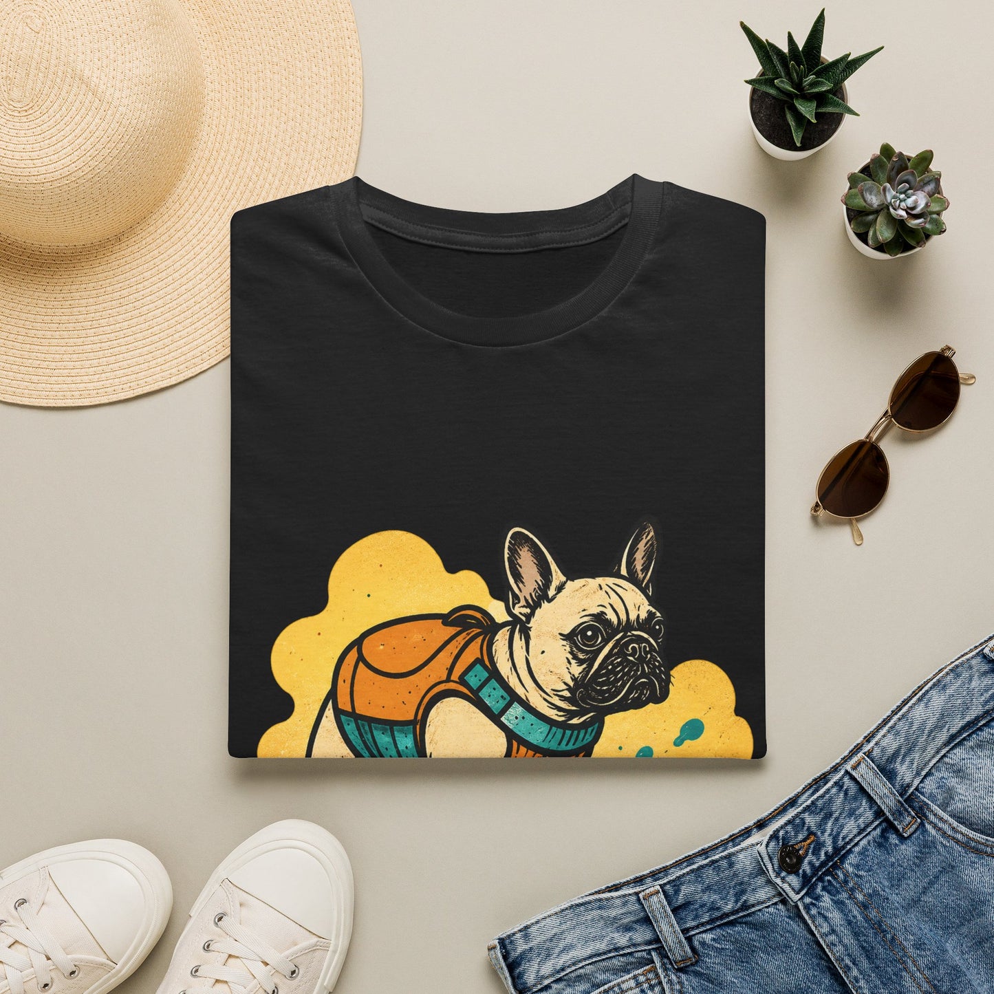 French Bulldog Surf T‑Shirt — Cute Dog with Backpack Beach Tee