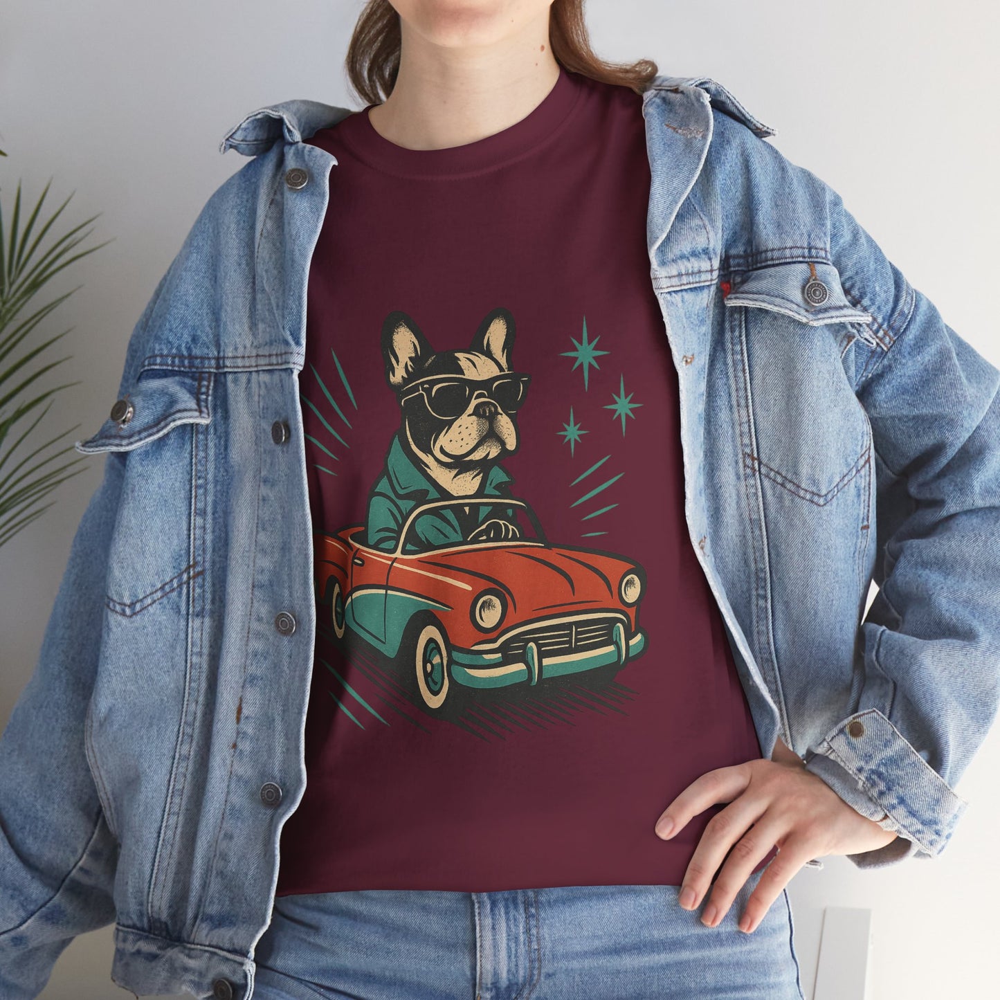 Rockabilly Frenchie T-Shirt | Retro French Bulldog Driving Tee | Vintage Car Dog Lover Shirt | Cool 50s Style Frenchie Graphic Tee