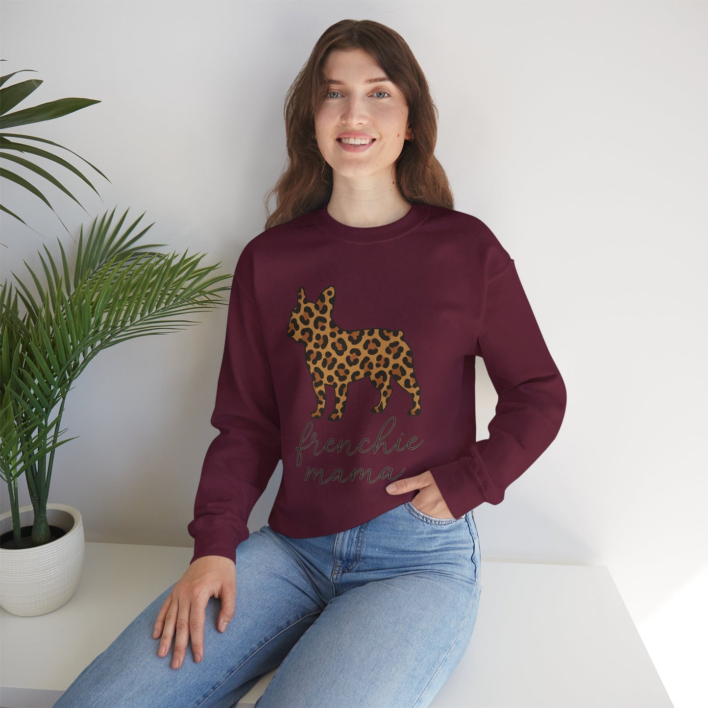 Frenchie Mama Leopard Print Sweatshirt | French Bulldog Mom Crewneck | Cheetah Print Frenchie Sweater | Dog Mom Gift | Cute Animal Print Pullover