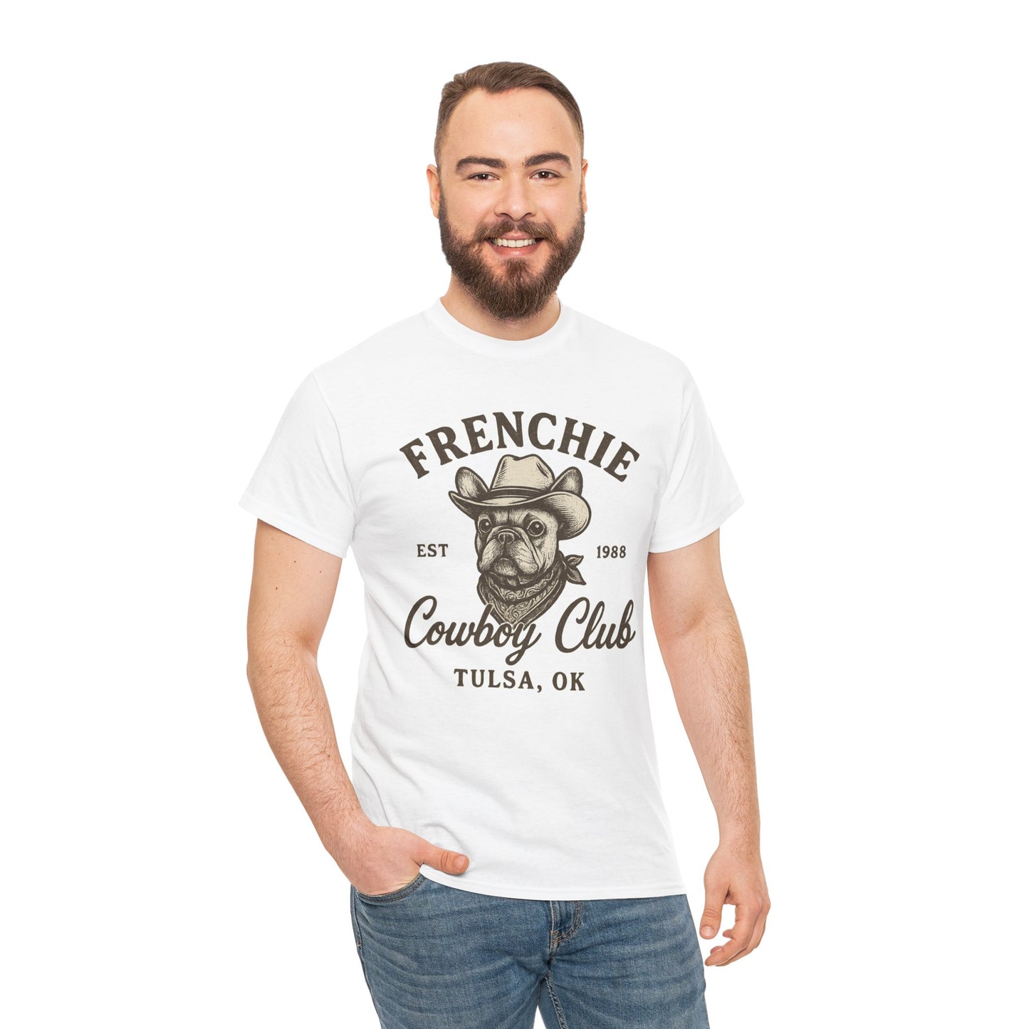 Frenchie Cowboy Club T-Shirt | Western French Bulldog Tee | Tulsa Oklahoma Dog Lover Shirt | Vintage Cowboy Graphic | Country Pet Gift