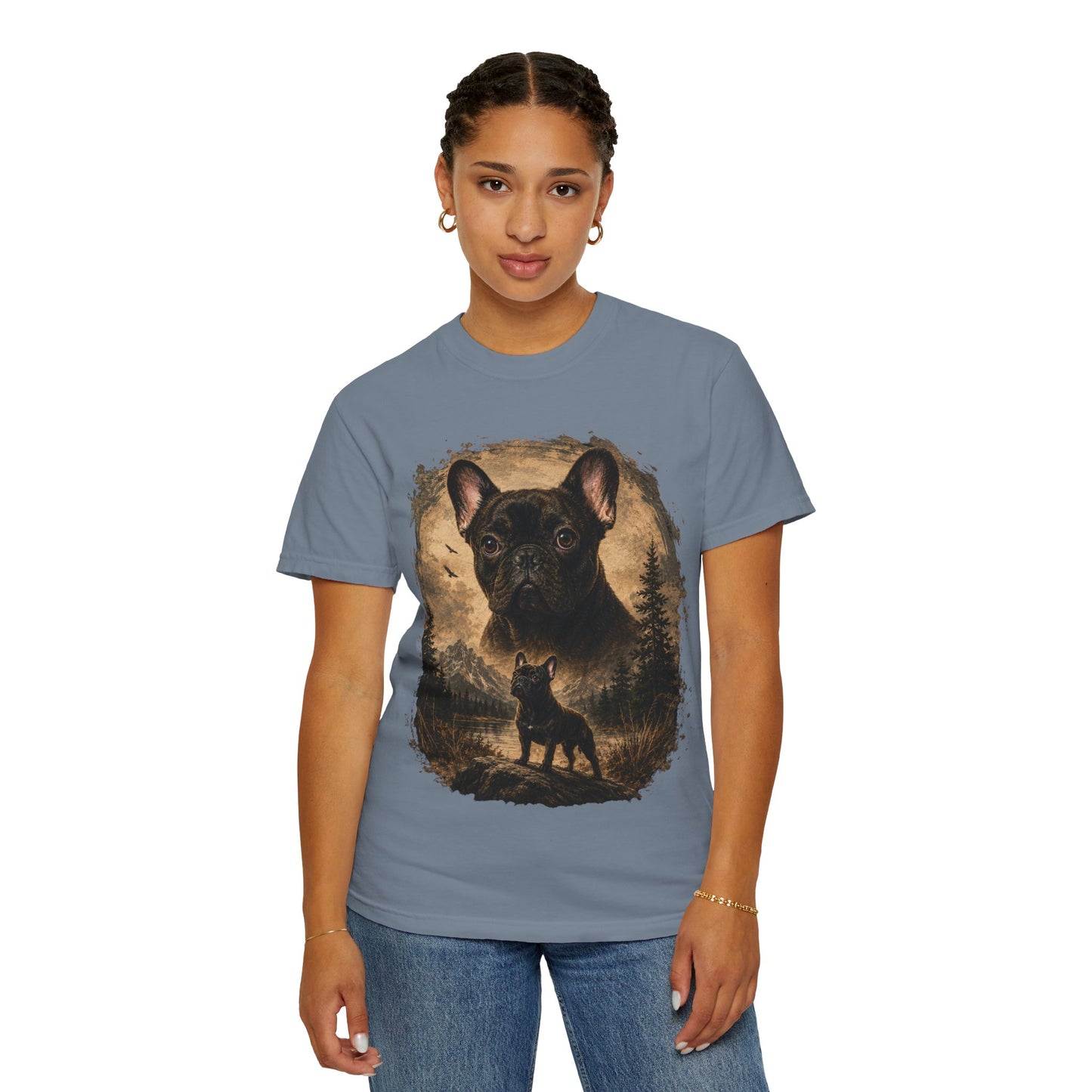 Black French Bulldog Shirt, Vintage Frenchie Nature Tee, Rustic French Bulldog Shirt, Dog Lover Gift, Frenchie Mountain Landscape Tee, Outdoors Dog Shirt, French Bulldog Art