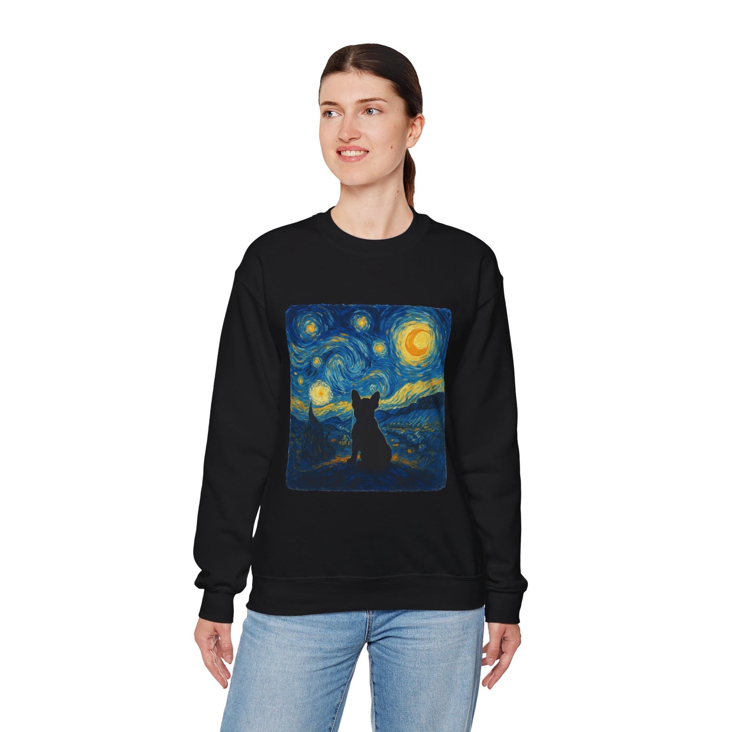 Starry Night Frenchie Sweatshirt – Van Gogh Inspired French Bulldog Art Crewneck, Cozy Dog Lover Gift, Retro Frenchie Sweater