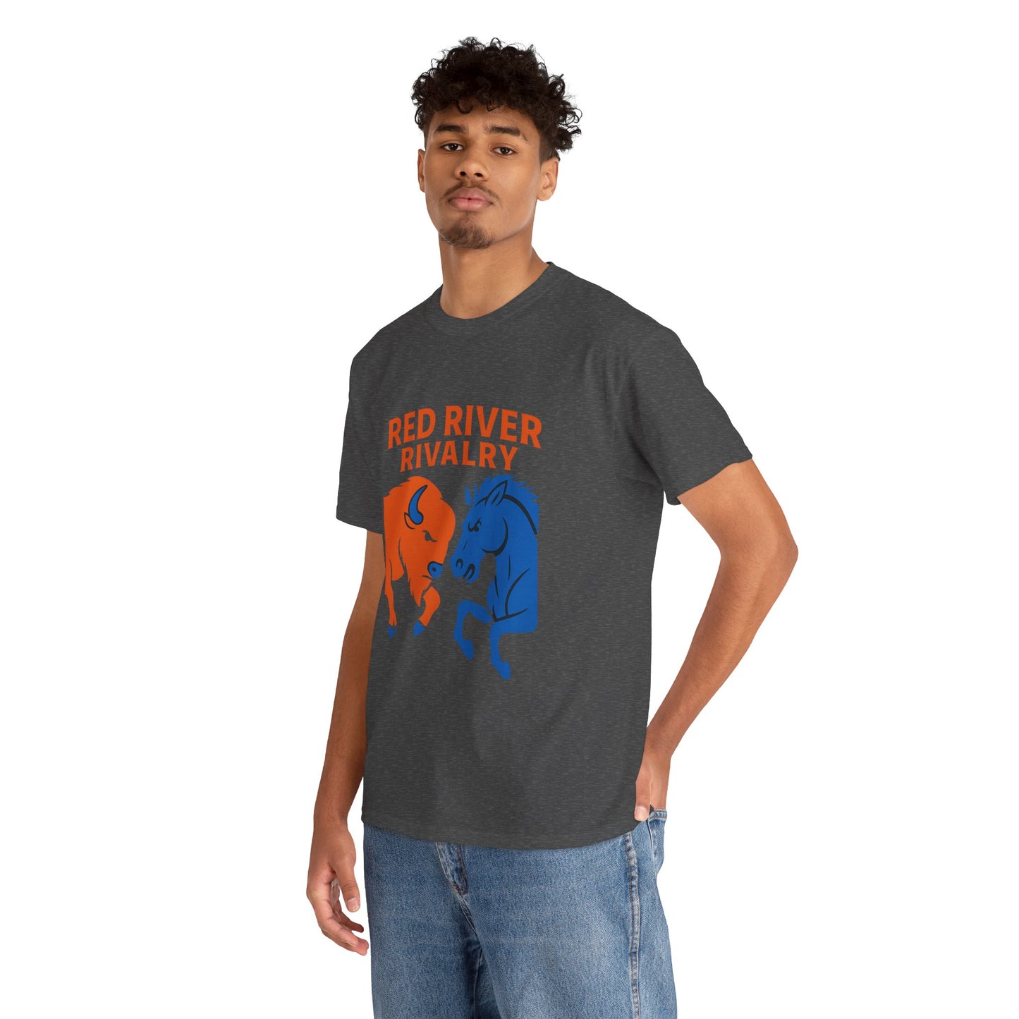 Red River Rivalry T-Shirt – Oklahoma vs Texas-Inspired Tee, Bison and Mustang Game Day Shirt, Blue and Orange Sports Rivalry Graphic