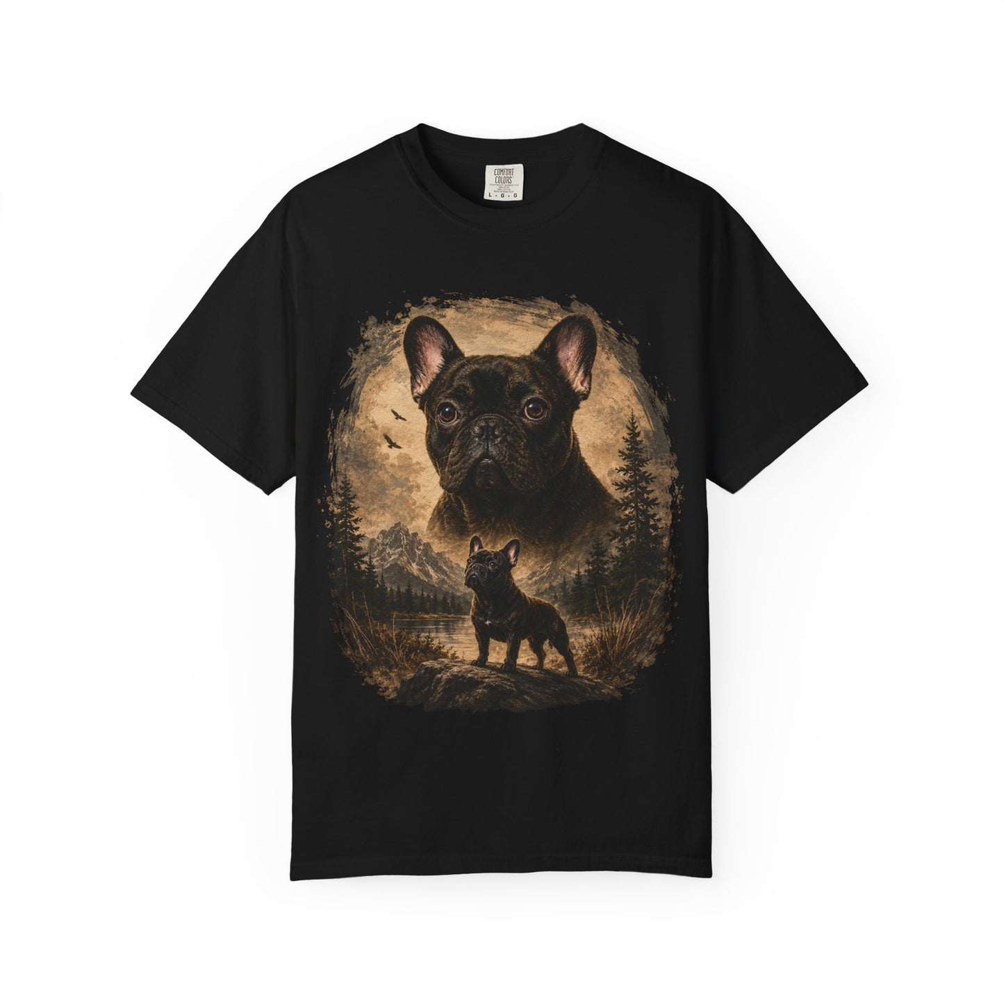 Black French Bulldog Shirt, Vintage Frenchie Nature Tee, Rustic French Bulldog Shirt, Dog Lover Gift, Frenchie Mountain Landscape Tee, Outdoors Dog Shirt, French Bulldog Art