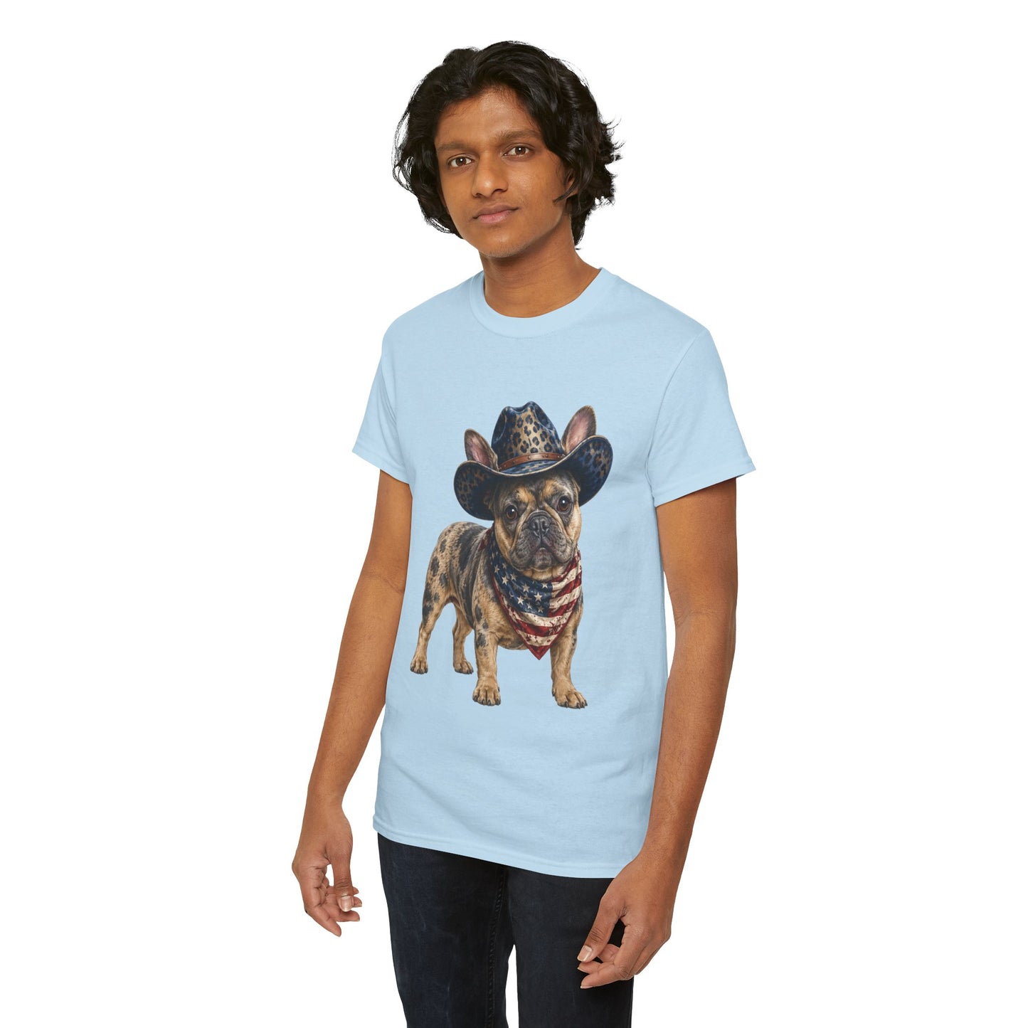 Patriotic Merle French Bulldog Shirt, Cowboy Frenchie Tee, American Flag Bandana Dog Shirt, Fourth of July French Bulldog Gift