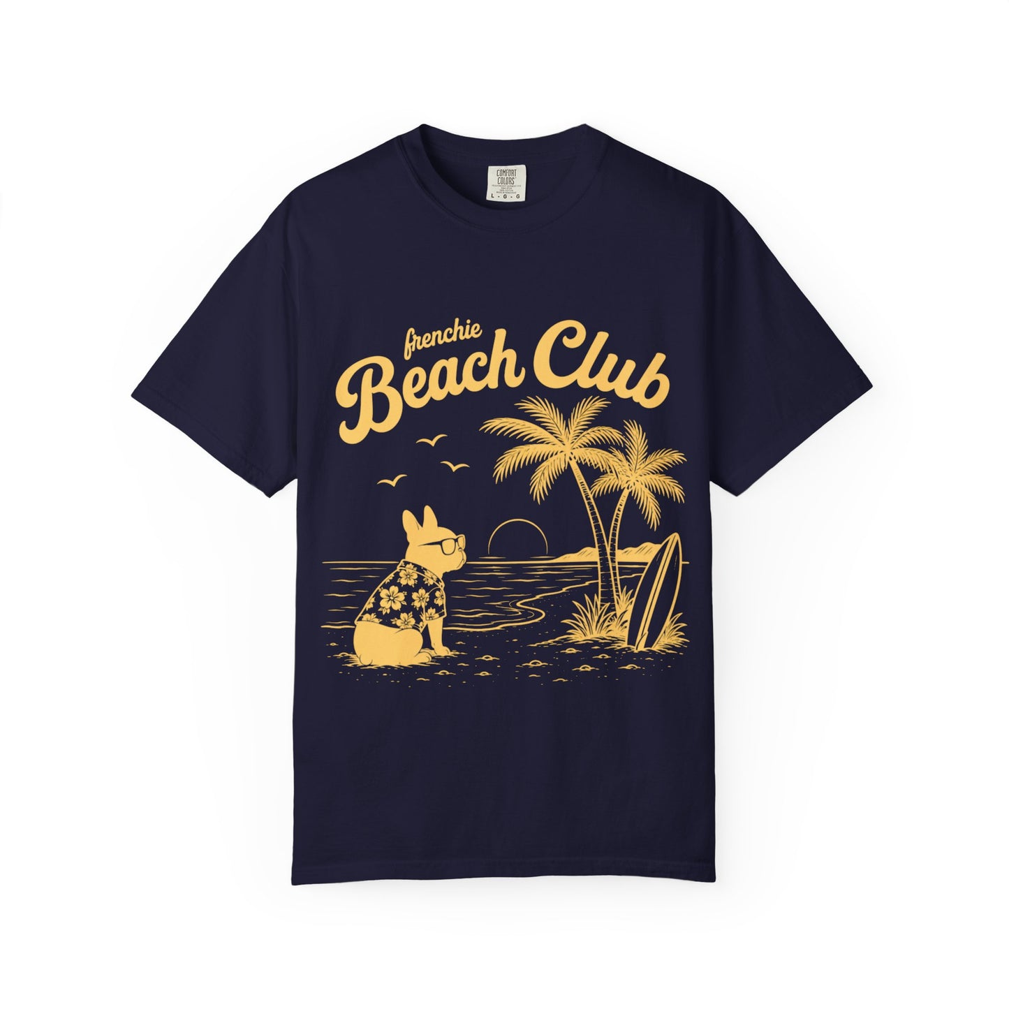 Frenchie Beach Club T-Shirt — Cute French Bulldog Surfing Palm Beach Tee
