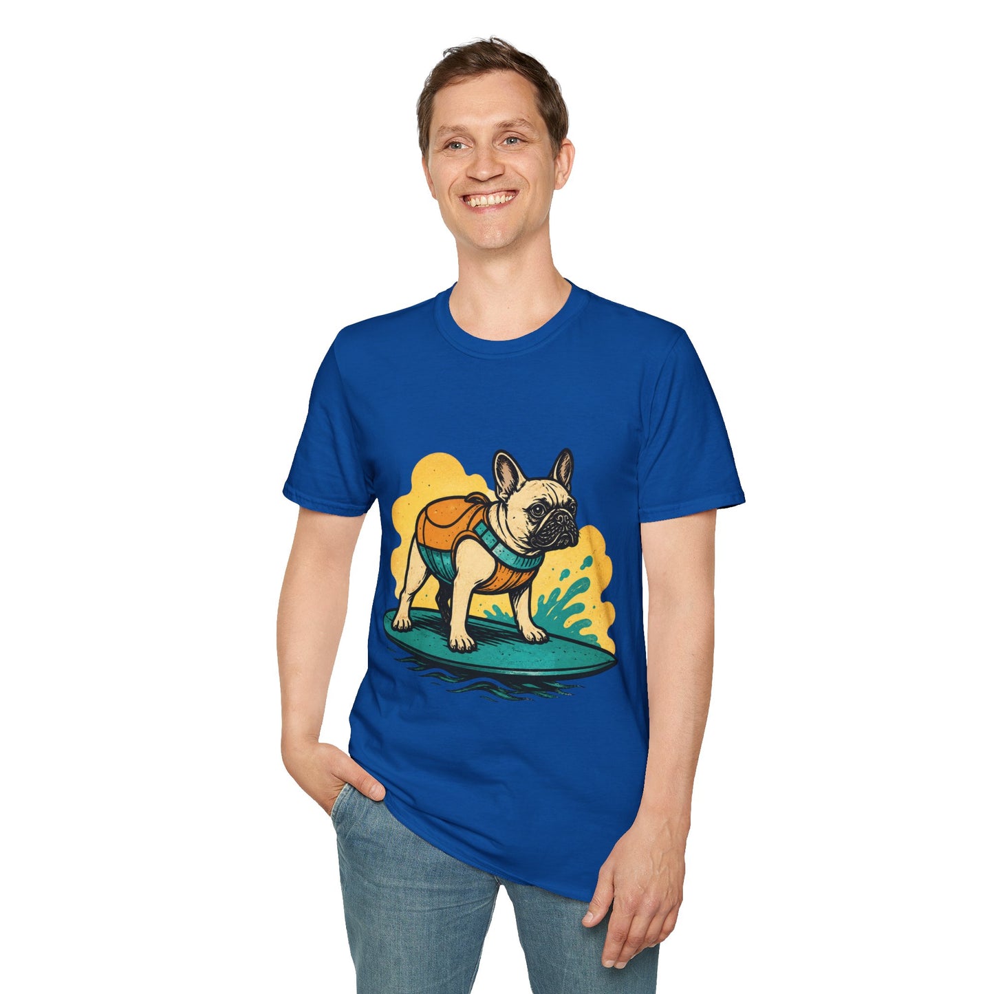 French Bulldog Surf T‑Shirt — Cute Dog with Backpack Beach Tee