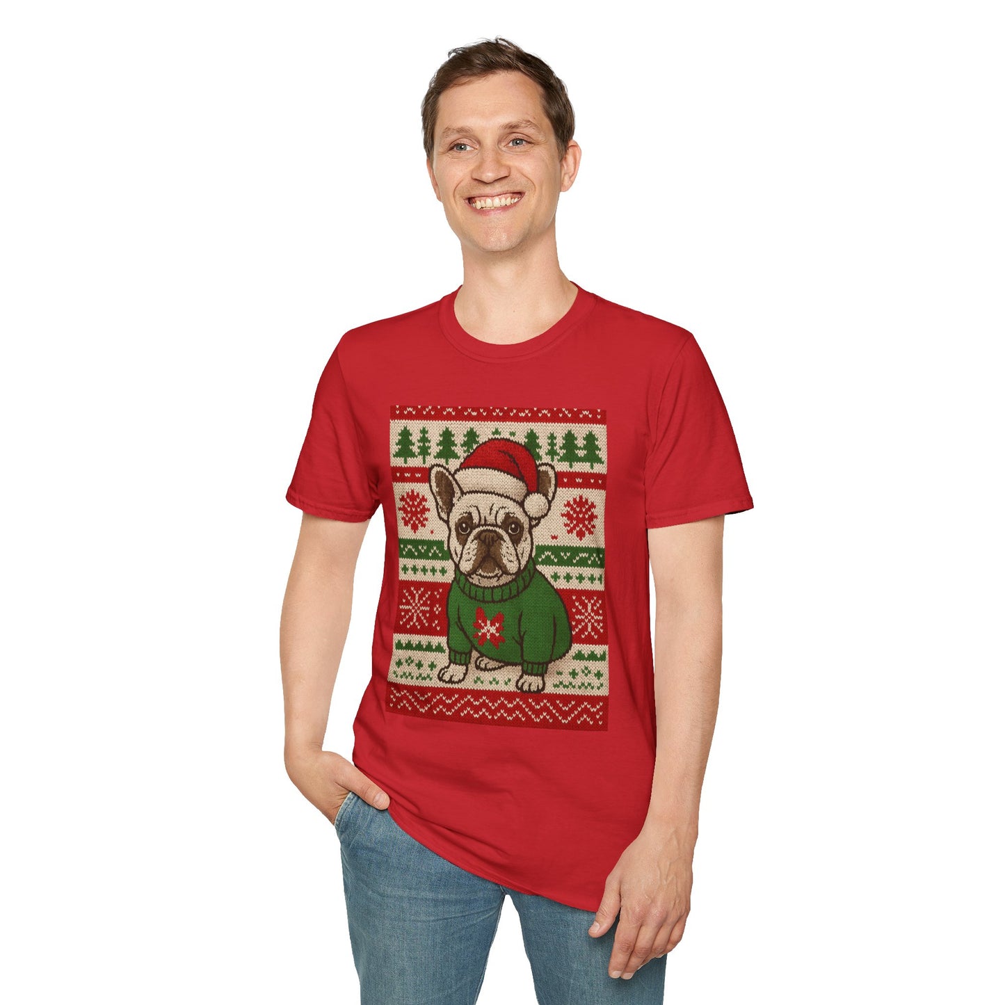 Frenchie Christmas T-Shirt – Cute French Bulldog Ugly Sweater Style Tee, Holiday Dog Lover Shirt, Funny Christmas Frenchie Gift