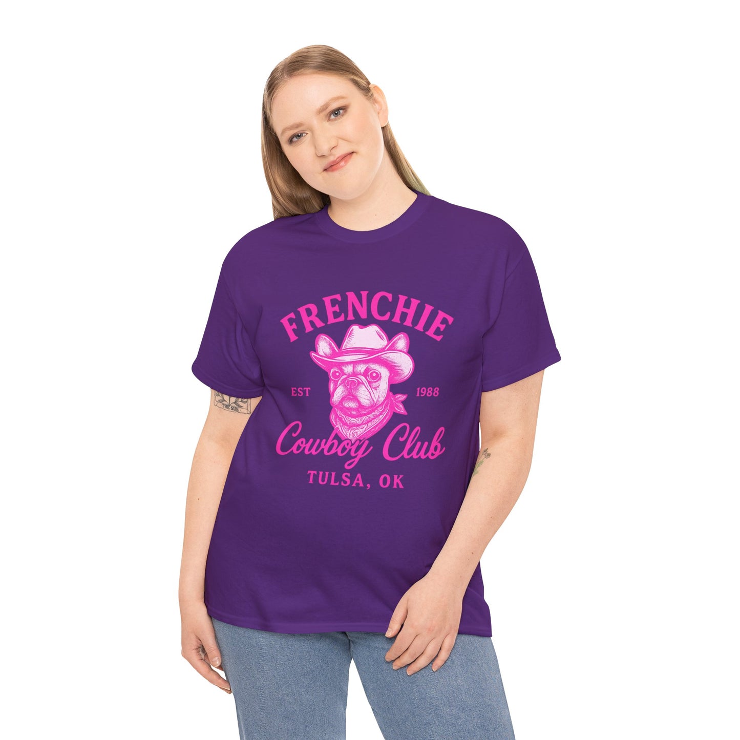 Frenchie Cowboy Club Pink T-Shirt | Hot Pink Western Dog Lover Tee | Tulsa OK French Bulldog Shirt