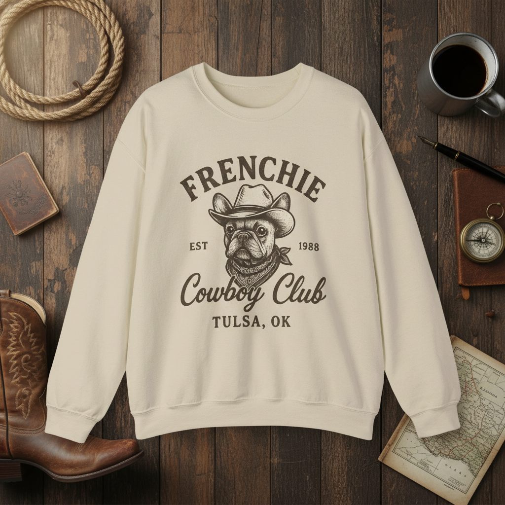 Retro Frenchie Cowboy Club Sweatshirt | Vintage Western French Bulldog Pullover | Country Dog Lover Crewneck | Tulsa Oklahoma Graphic Sweater