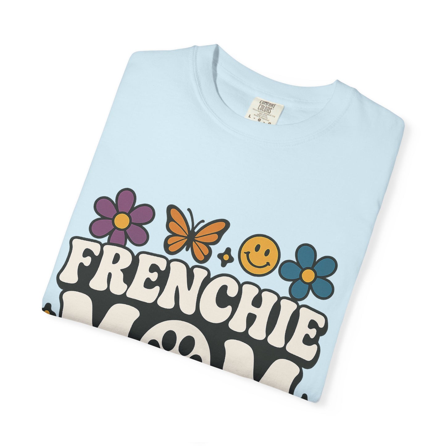 Frenchie Mom T-Shirt | Retro Groovy Dog Lover Tee | Smiley Flower French Bulldog Shirt | Cute Colorful Frenchie Gift for Her