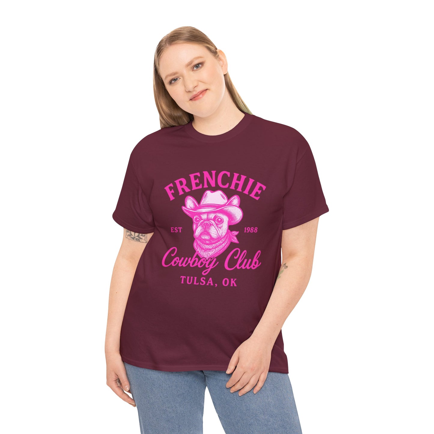 Frenchie Cowboy Club Pink T-Shirt | Hot Pink Western Dog Lover Tee | Tulsa OK French Bulldog Shirt
