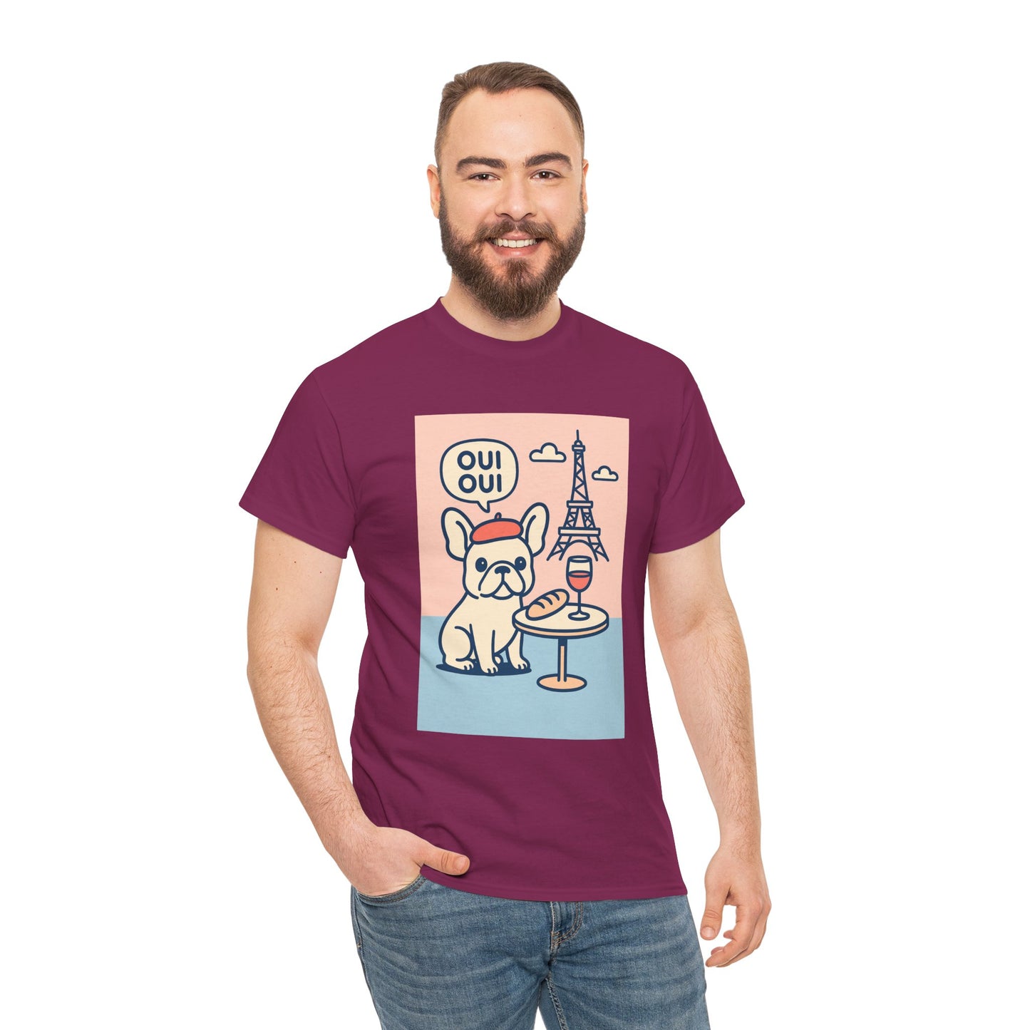 Oui Oui Frenchie Paris T-Shirt – Cute French Bulldog Café Tee, Paris Dog Lover Shirt, Beret & Baguette Graphic, French Bulldog Gift for Women & Men