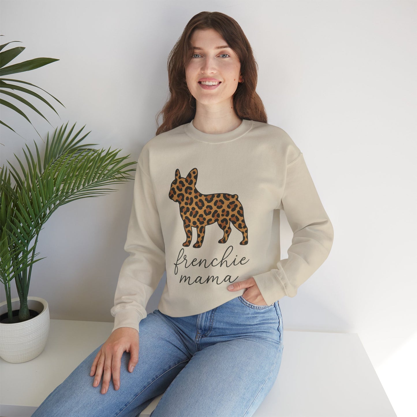 Frenchie Mama Leopard Print Sweatshirt | French Bulldog Mom Crewneck | Cheetah Print Frenchie Sweater | Dog Mom Gift | Cute Animal Print Pullover