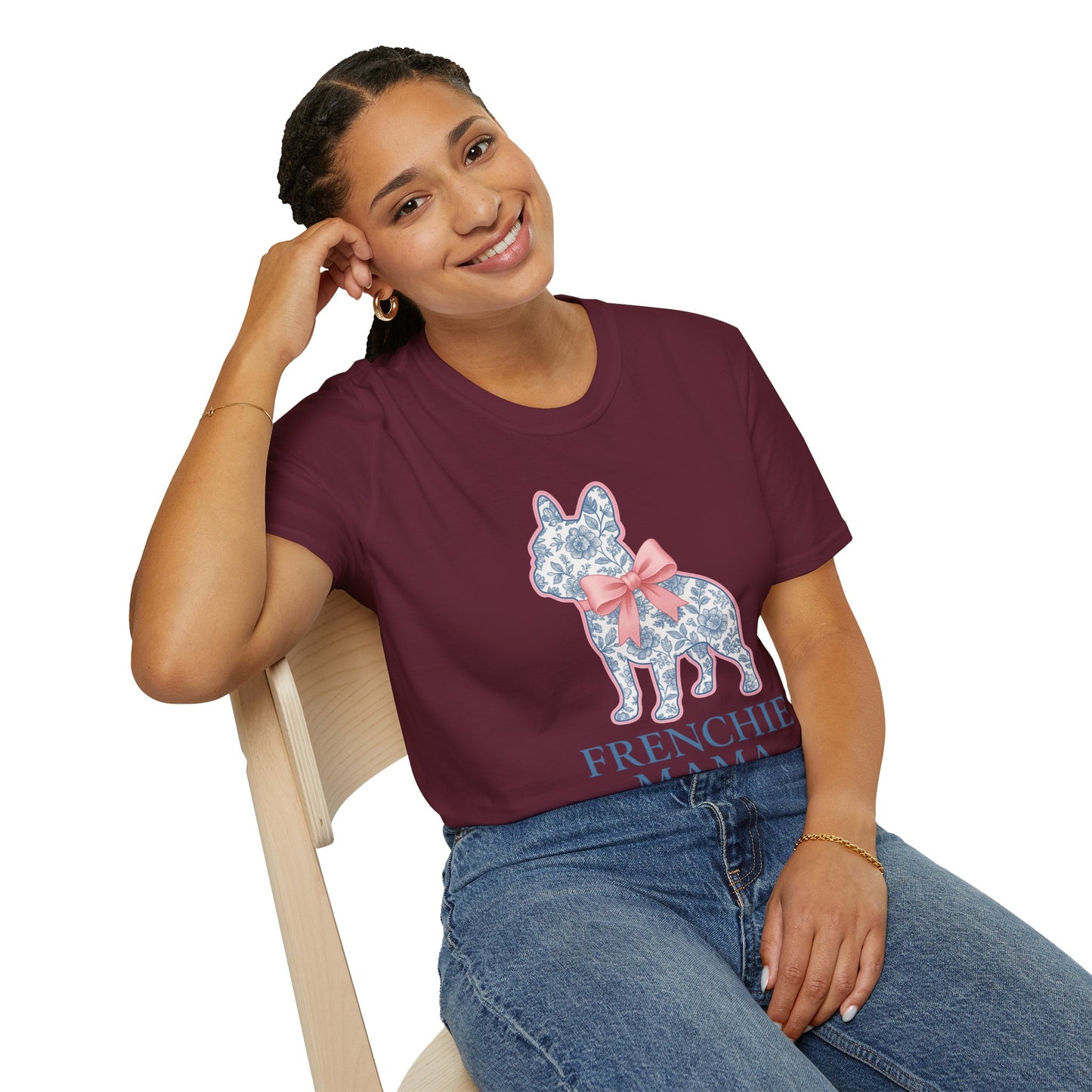 Frenchie Mama Shirt – Floral French Bulldog Silhouette Tee with Pink Bow, Dog Mom Gift, Cute Frenchie Lover T-Shirt, Pastel Dog Mom Apparel