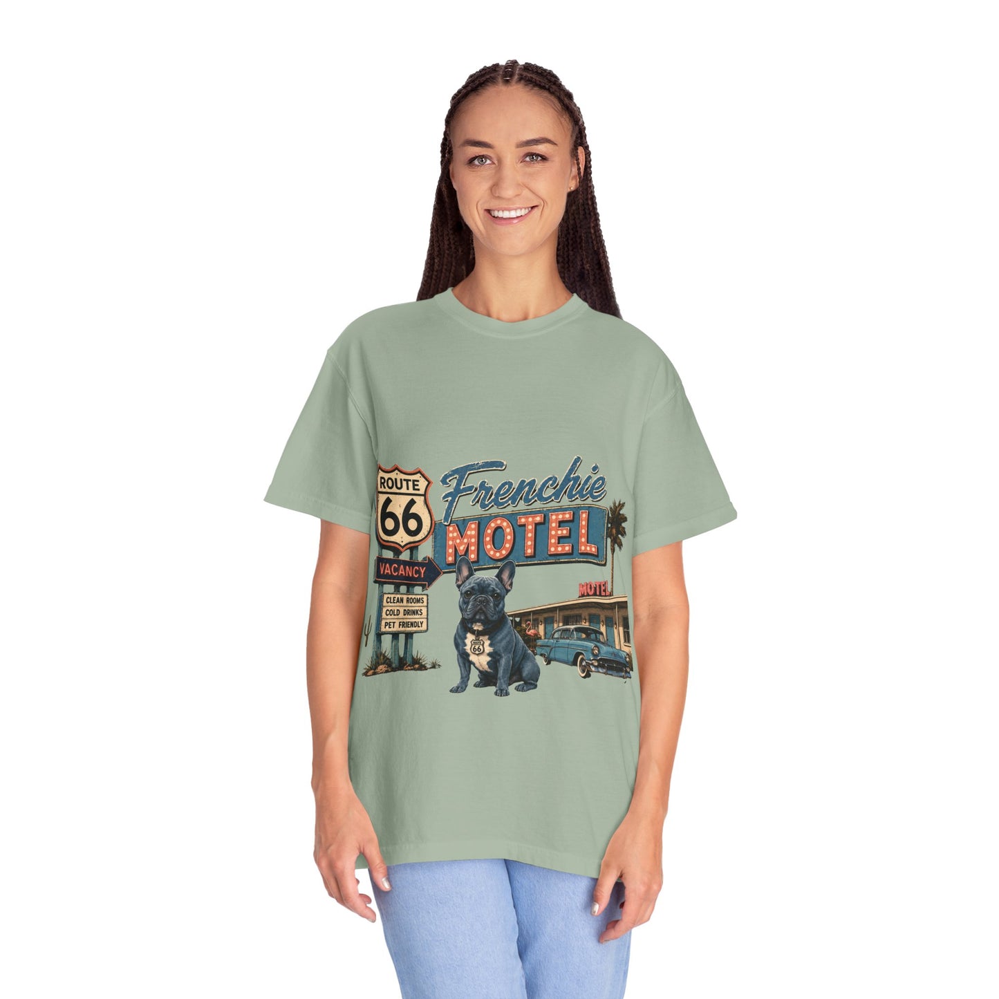 Route 66 Frenchie Motel Shirt, French Bulldog Retro Travel Tee, Vintage Road Trip Shirt, Dog Lover Graphic Tee, Route 66 Dog Shirt, Frenchie Motel T-Shirt, Retro Americana Gift
