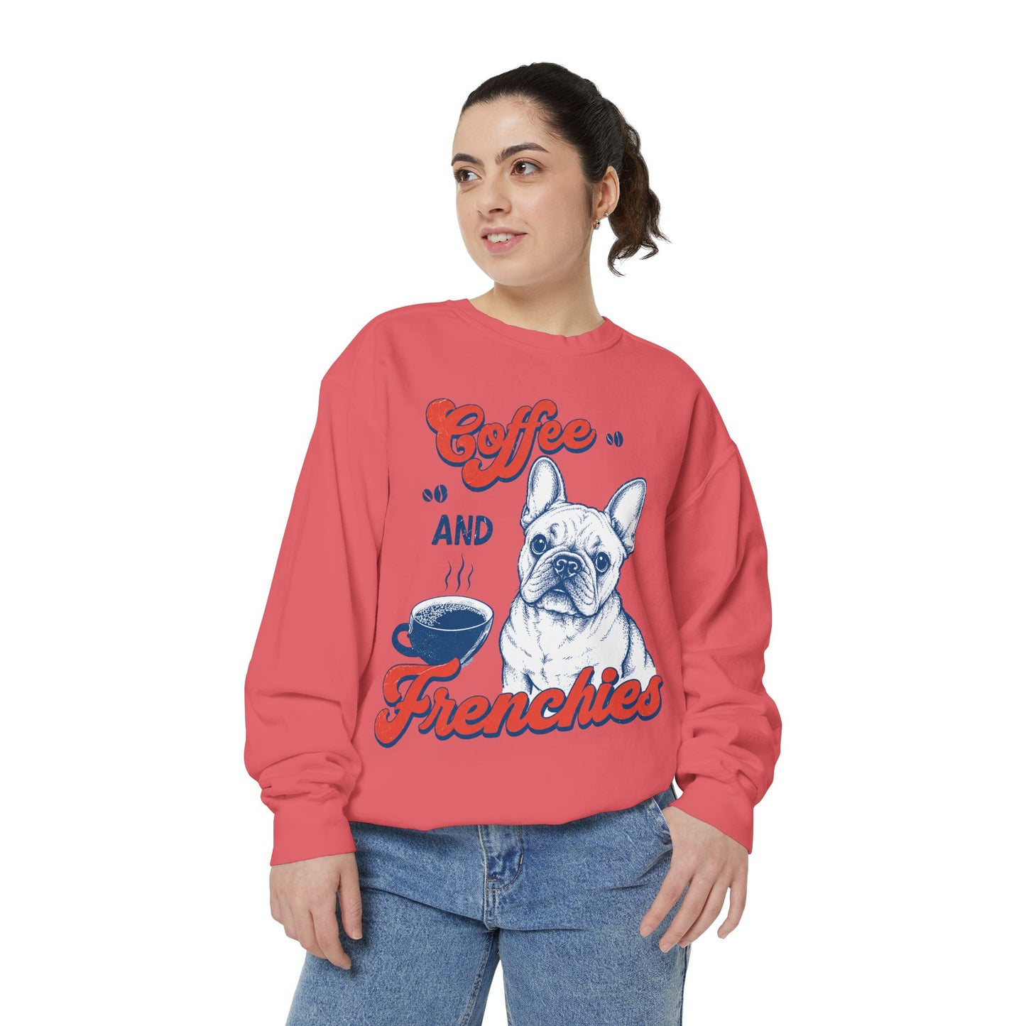 Coffee and Frenchies Sweatshirt, French Bulldog Coffee Crewneck, Frenchie Lover Pullover, Dog Mom Sweatshirt, Coffee Lover Gift, Cozy French Bulldog Sweatshirt