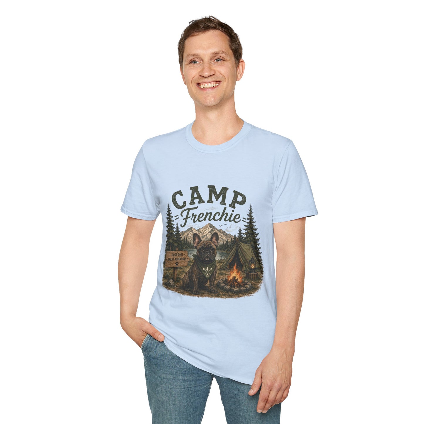 Camp Frenchie Shirt, French Bulldog Camping Shirt, Frenchie Outdoor Tee, Dog Camping Shirt, Adventure Dog Lover Gift, Campfire French Bulldog T-Shirt, Nature Graphic Tee