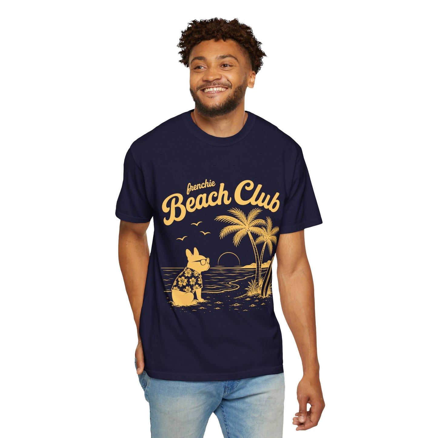 Frenchie Beach Club T-Shirt — Cute French Bulldog Surfing Palm Beach Tee