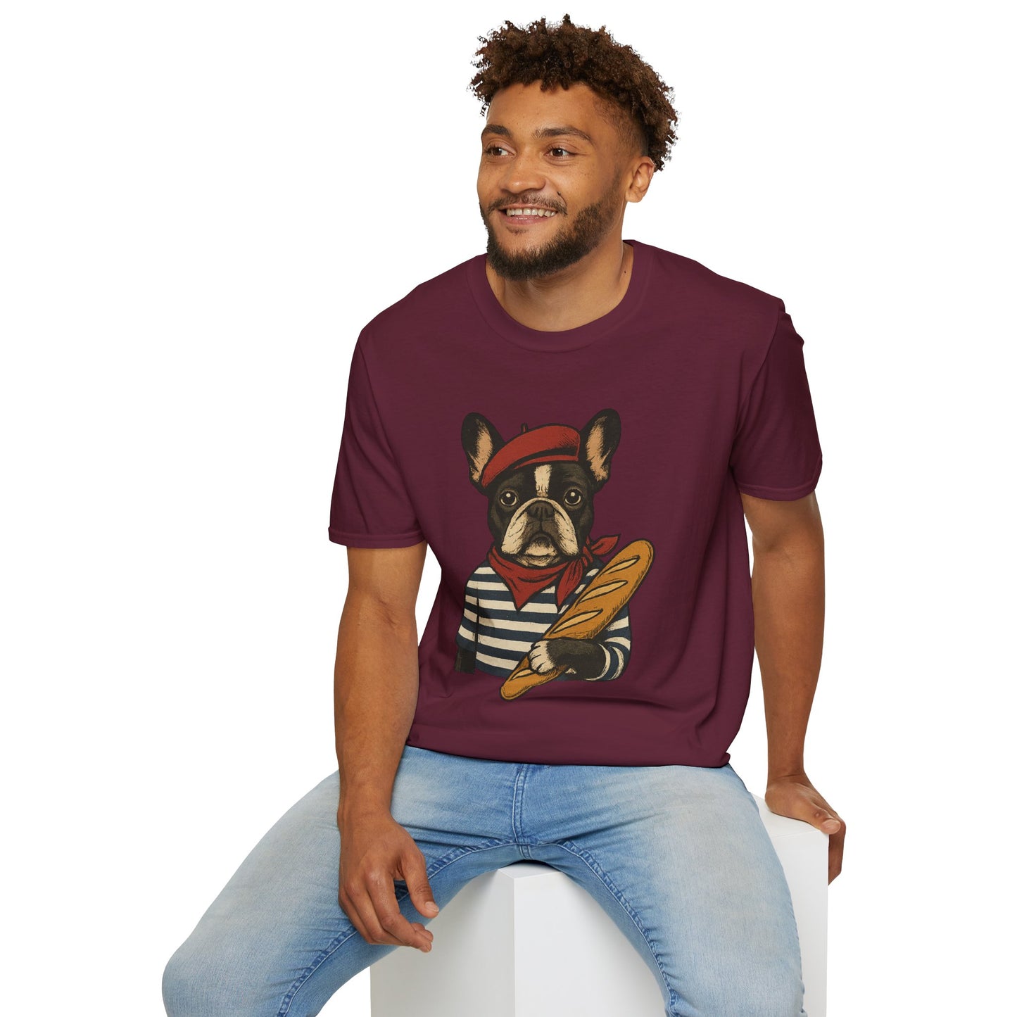 French Bulldog Parisian T-Shirt – Cute Frenchie in Beret & Stripes with Baguette – Funny Dog Lover Tee, French Style Dog Shirt, Gift for Frenchie Moms