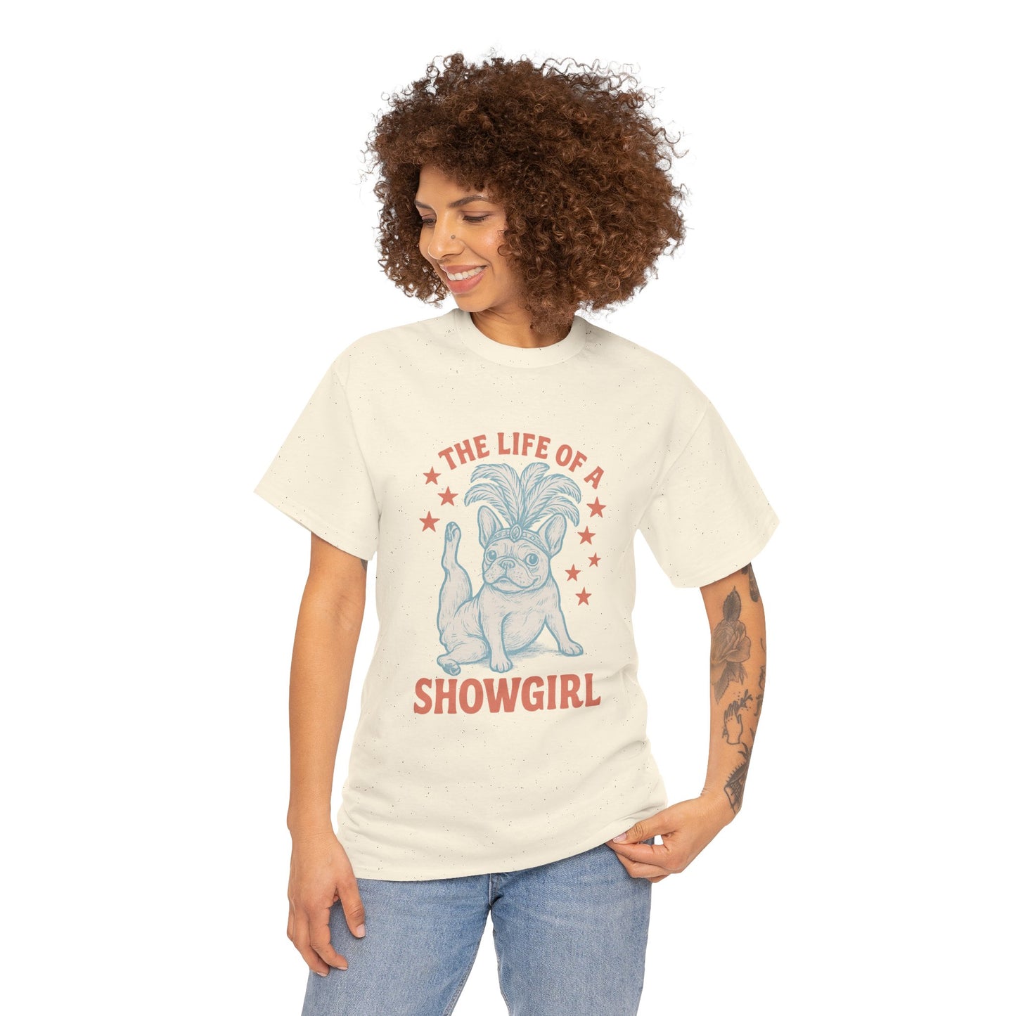 The Life of a Showgirl Frenchie T-Shirt – Retro French Bulldog Tee, Funny Dog Lover Shirt, Vintage Vegas Showgirl Graphic